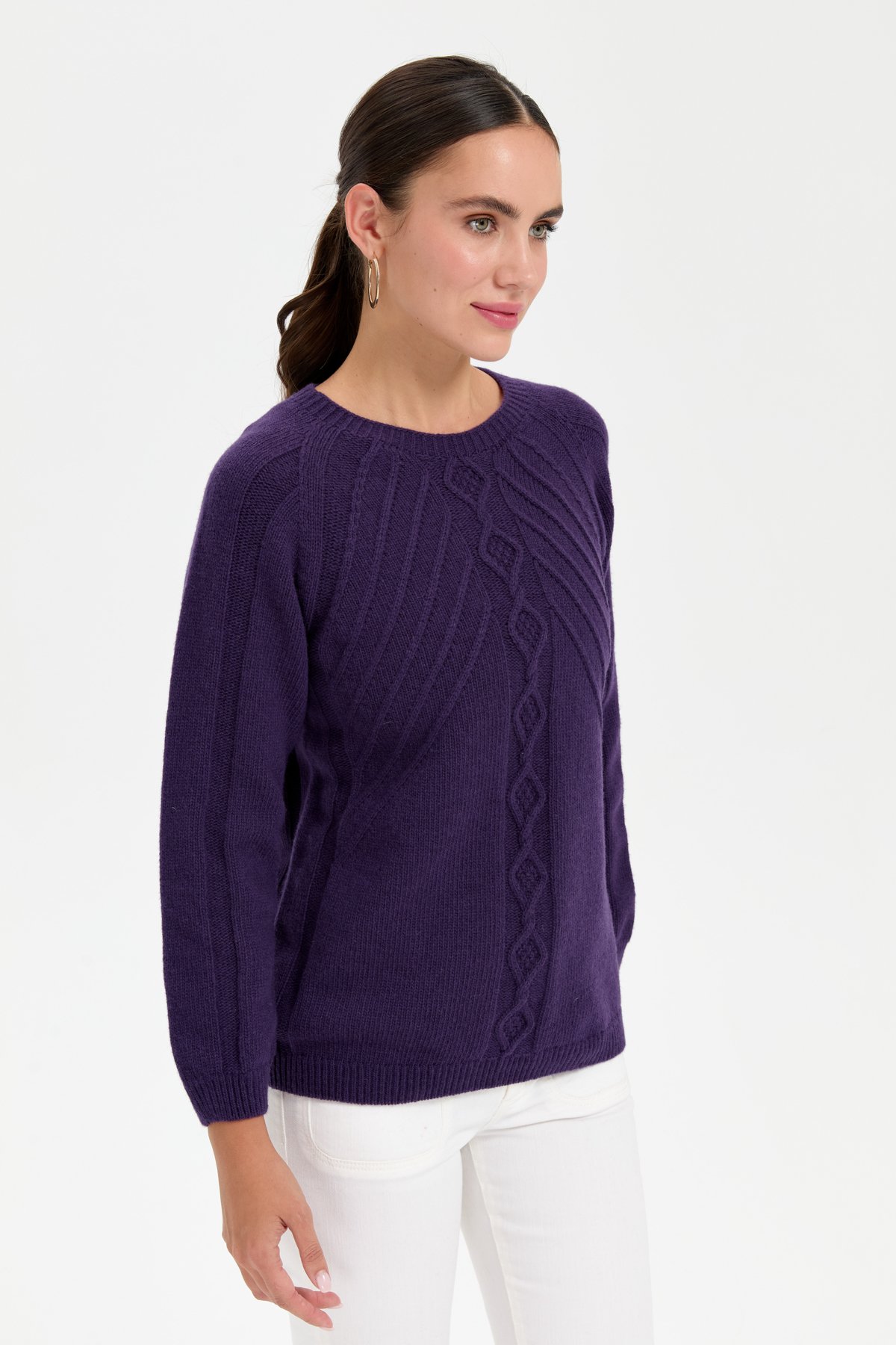 24265Kadın Sıfır Yaka Dkişsiz Önü Yürütmeli Yün Kazak K.Mor