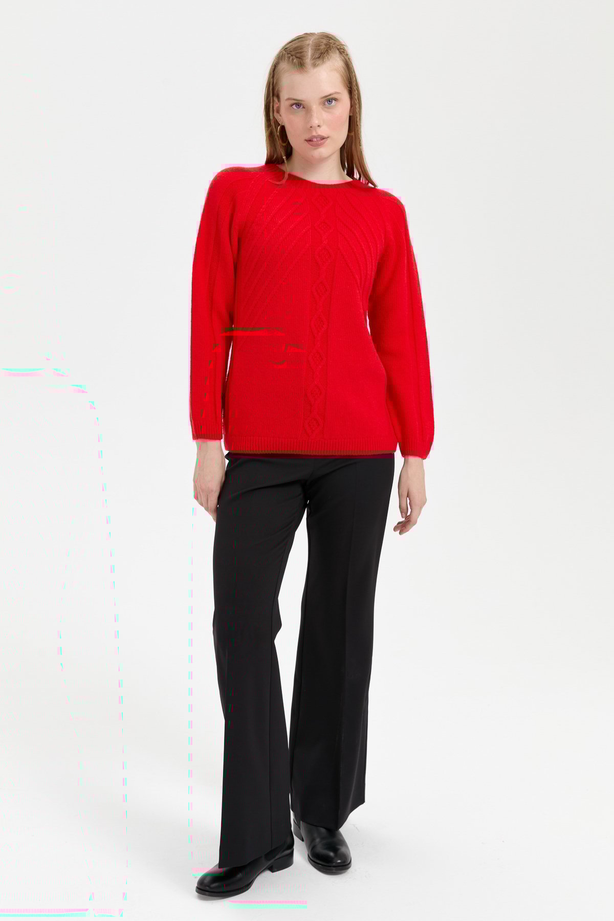 24265Kadın Sıfır Yaka Dkişsiz Önü Yürütmeli Yün Kazak Mercan