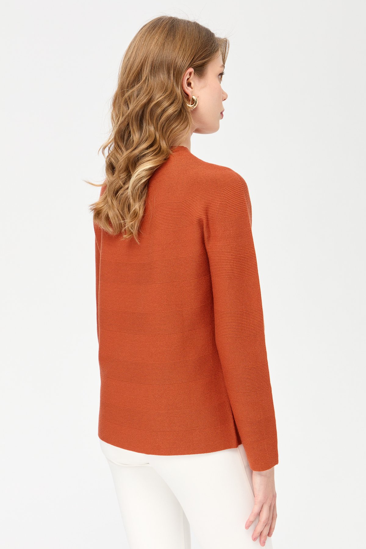 22280Kadın Sıfır Yaka Dikişsiz Örgü Kazak Portakal