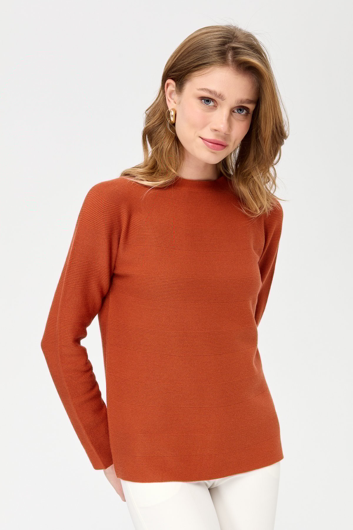 22280Kadın Sıfır Yaka Dikişsiz Örgü Kazak Portakal