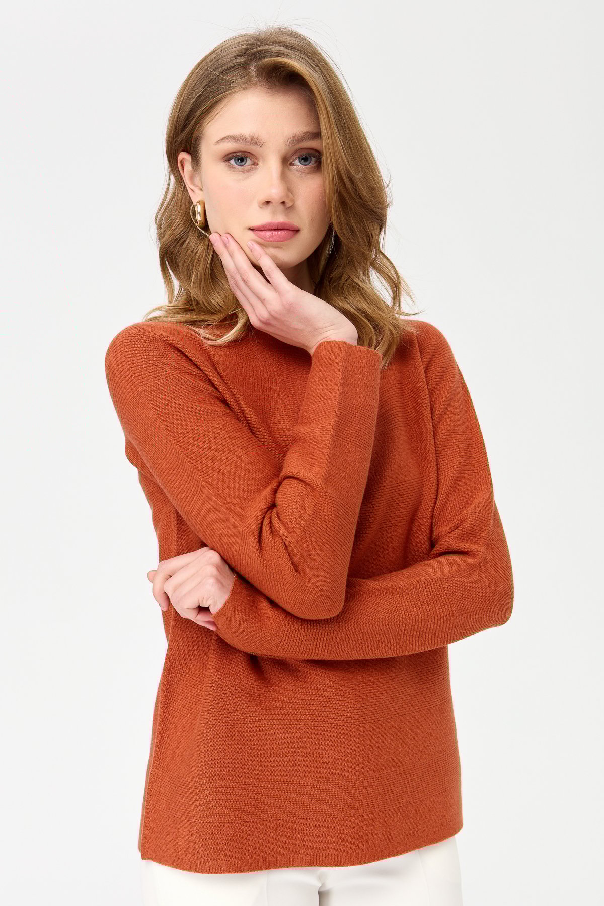 22280Kadın Sıfır Yaka Dikişsiz Örgü Kazak Portakal