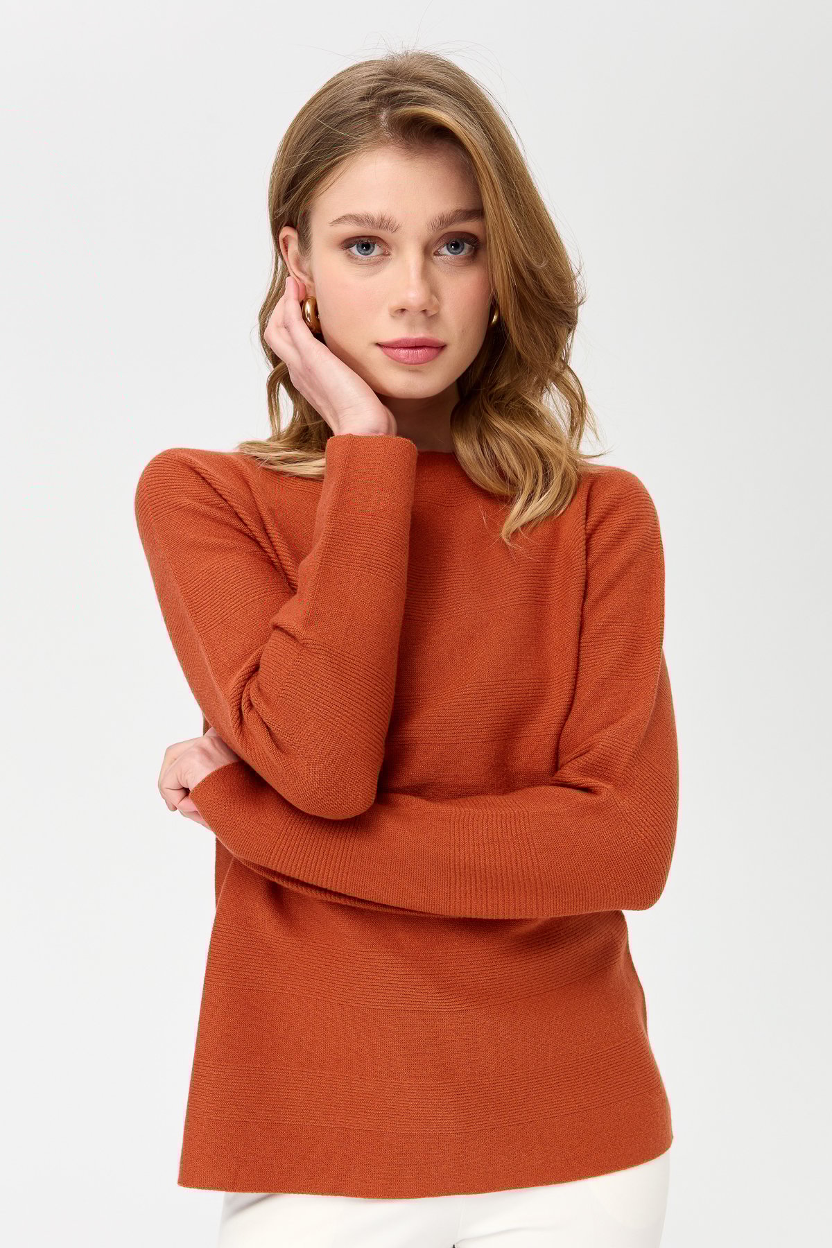22280Kadın Sıfır Yaka Dikişsiz Örgü Kazak Portakal