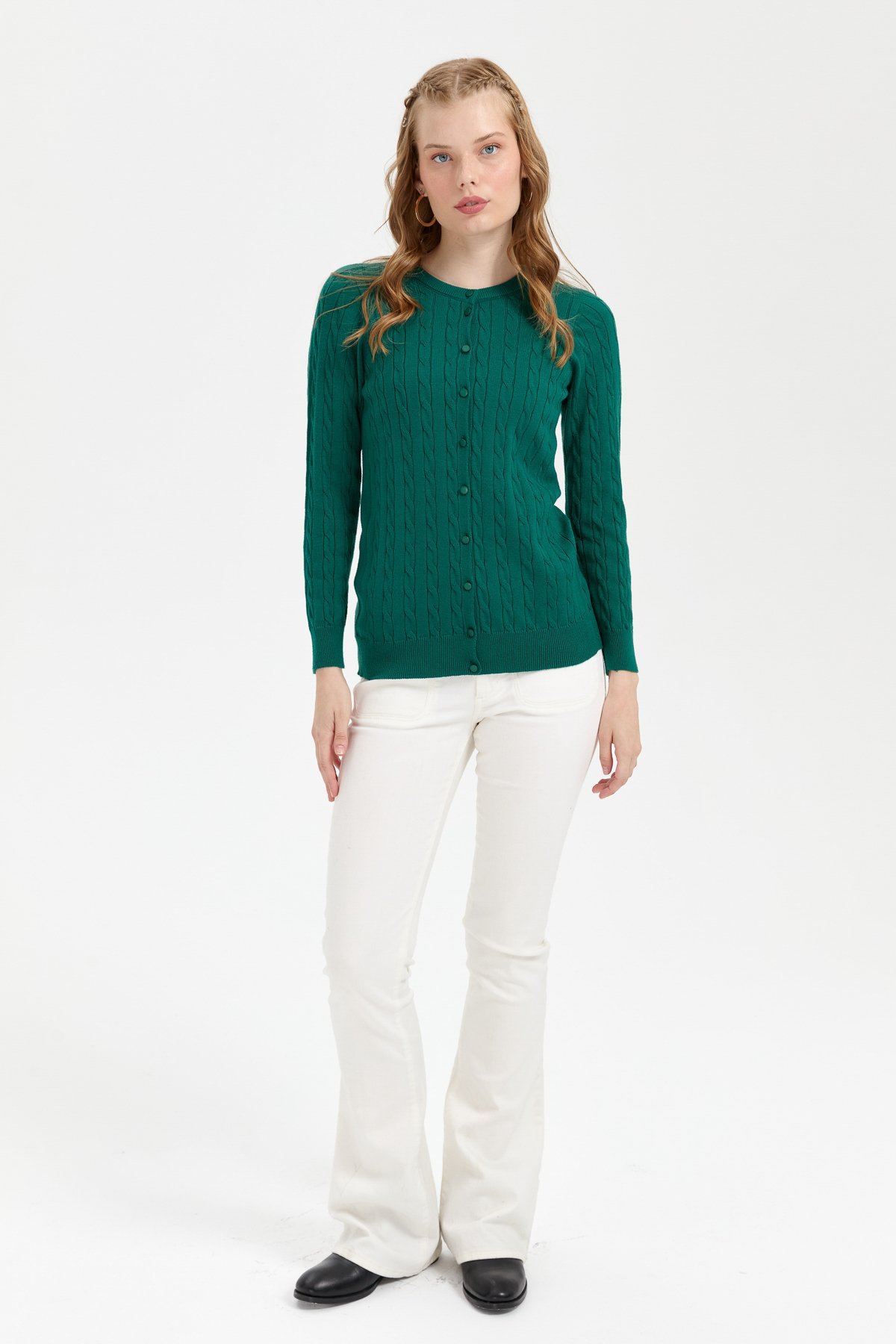 24326Kadın Sıfır Yaka Dikişsiz Saç Örgülü Hırka Ö.Başı