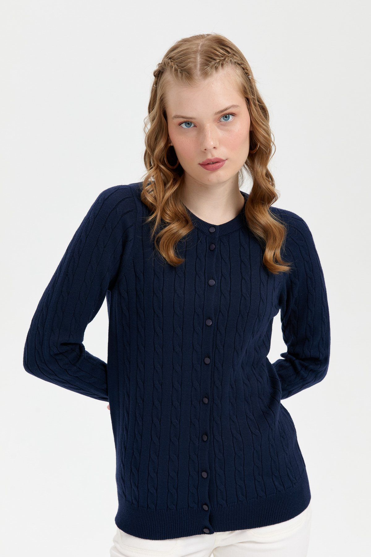 24326Kadın Sıfır Yaka Dikişsiz Saç Örgülü Hırka K.Lacivert