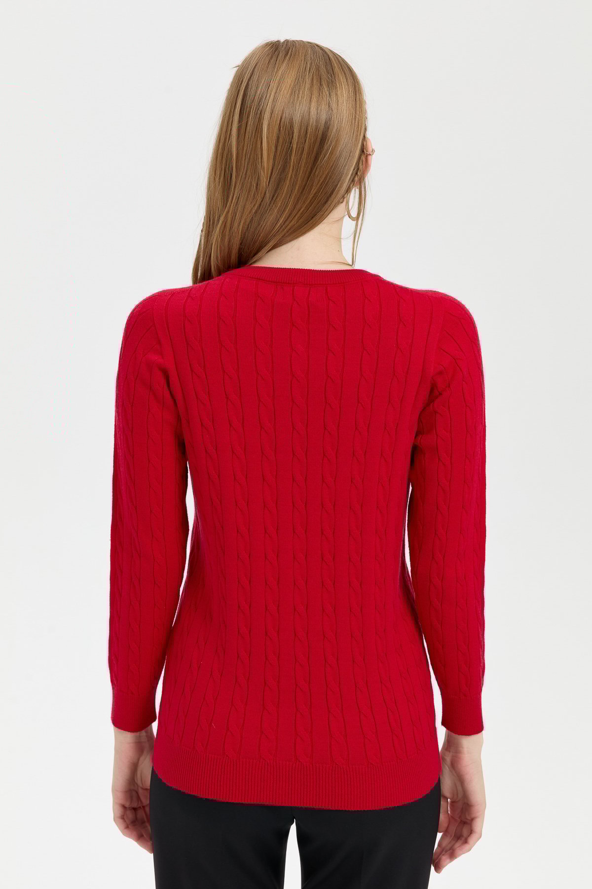 24326Kadın Sıfır Yaka Dikişsiz Saç Örgülü Hırka K.Kırmızı