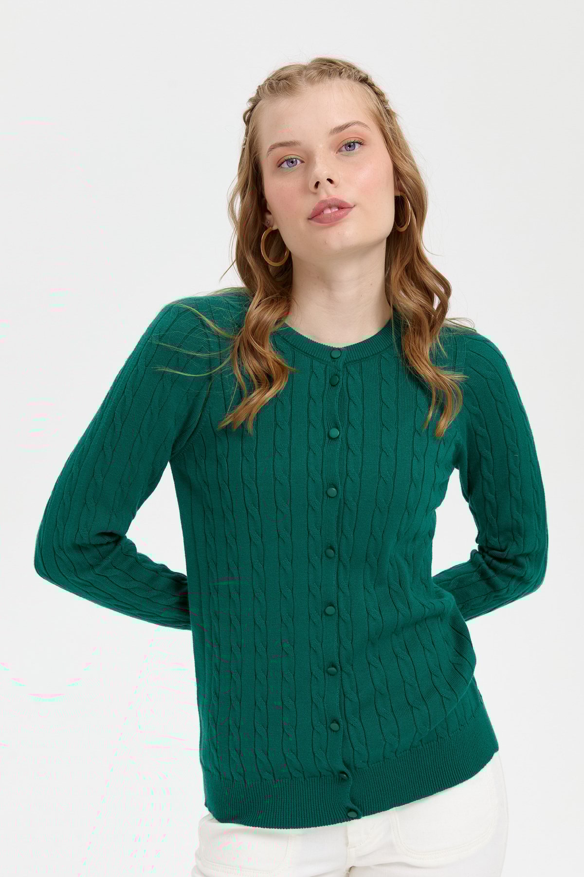 24326Kadın Sıfır Yaka Dikişsiz Saç Örgülü Hırka Ö.Başı