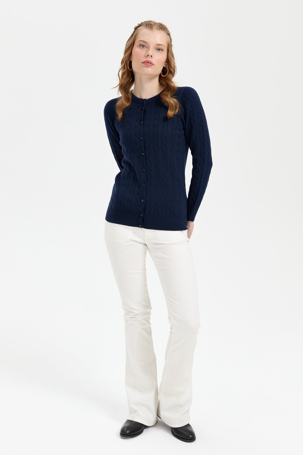 24326Kadın Sıfır Yaka Dikişsiz Saç Örgülü Hırka K.Lacivert