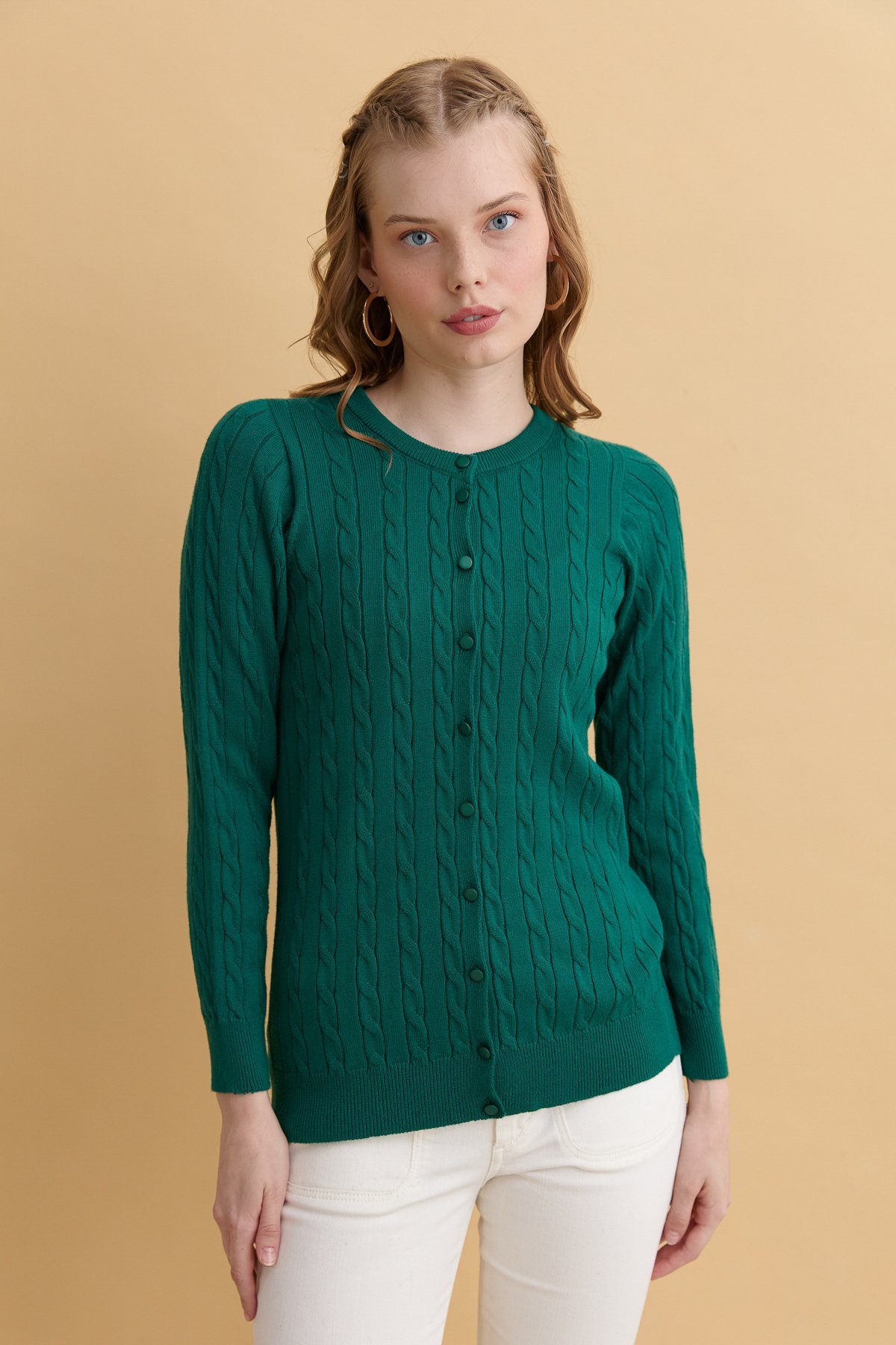 24326Kadın Sıfır Yaka Dikişsiz Saç Örgülü Hırka Ö.Başı