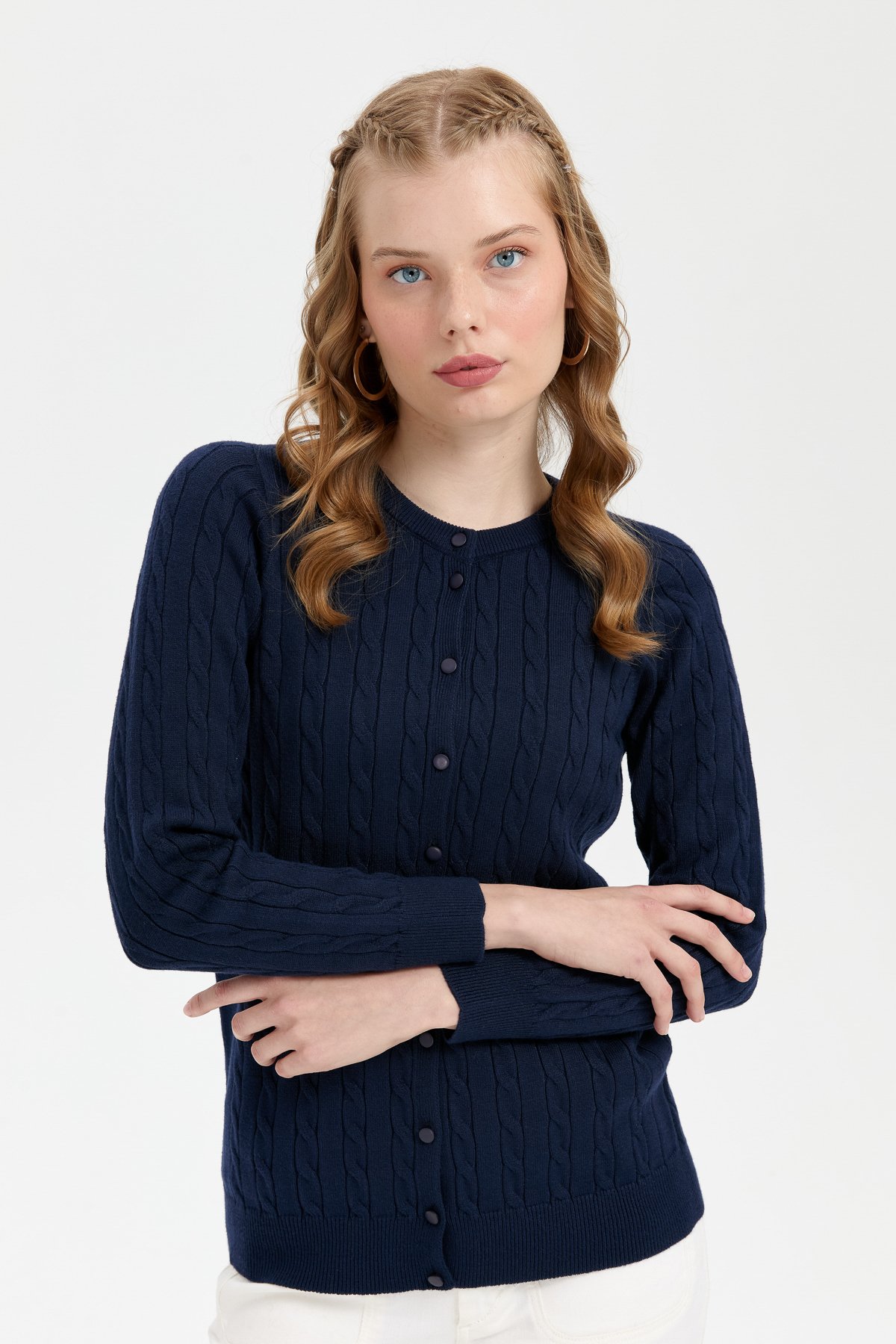 24326Kadın Sıfır Yaka Dikişsiz Saç Örgülü Hırka K.Lacivert