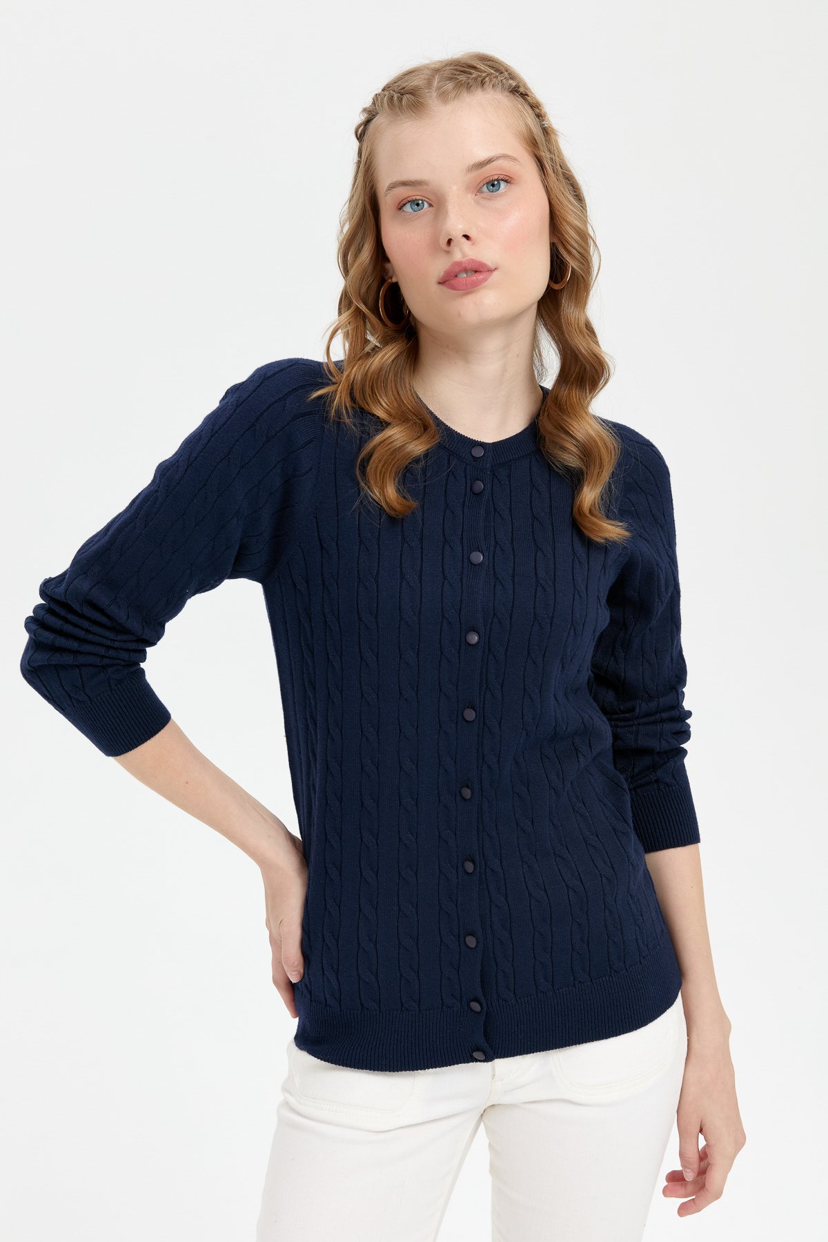 24326Kadın Sıfır Yaka Dikişsiz Saç Örgülü Hırka K.Lacivert