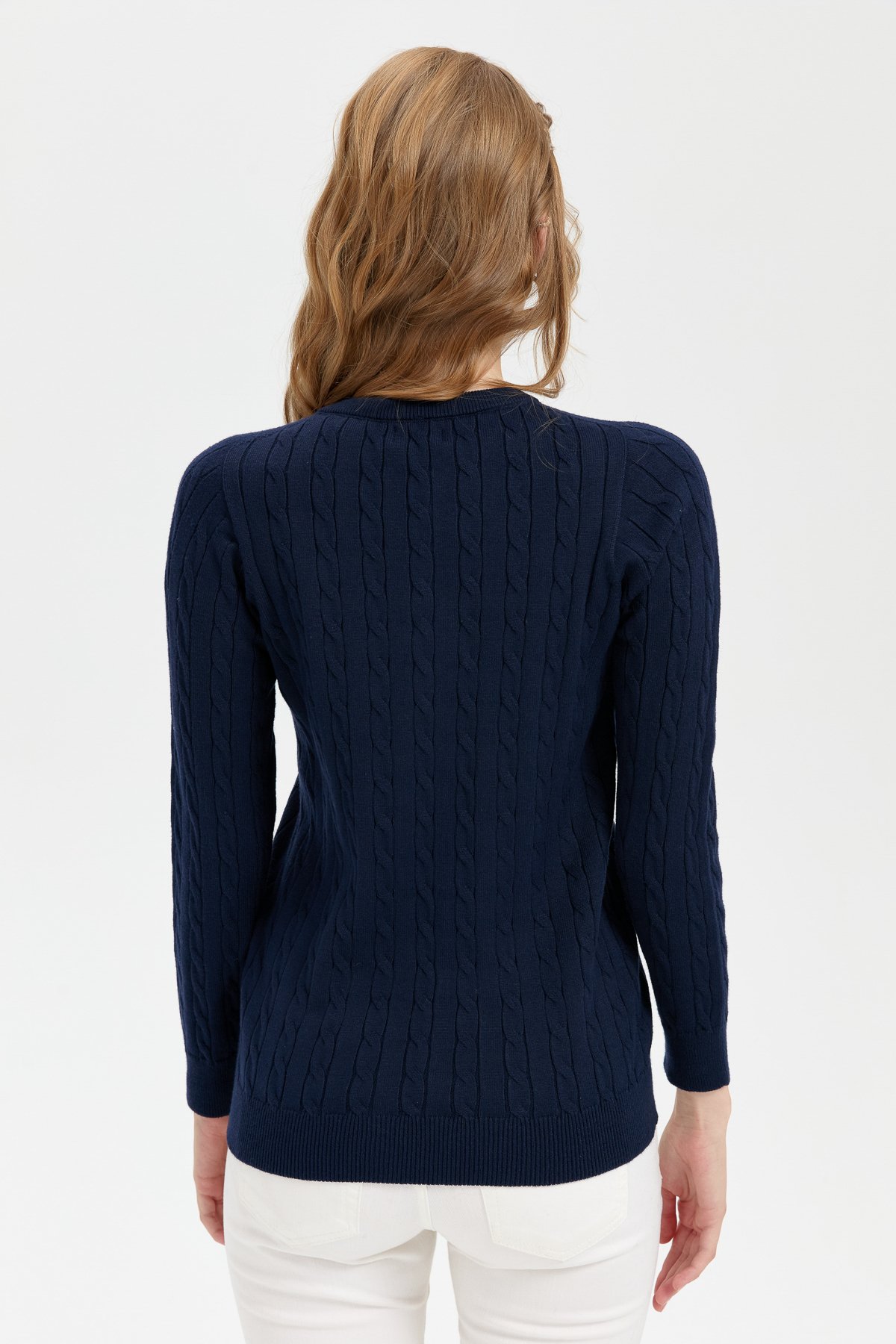 24326Kadın Sıfır Yaka Dikişsiz Saç Örgülü Hırka K.Lacivert