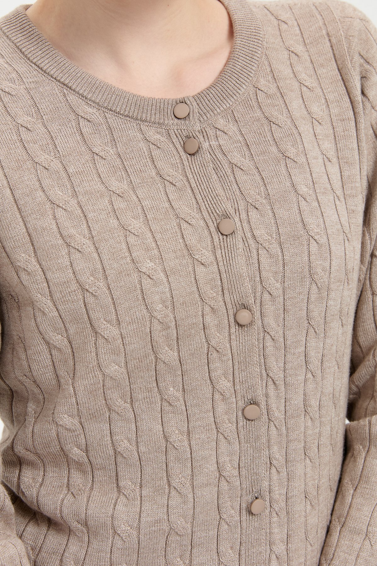 24326Kadın Sıfır Yaka Dikişsiz Saç Örgülü Hırka Vizon