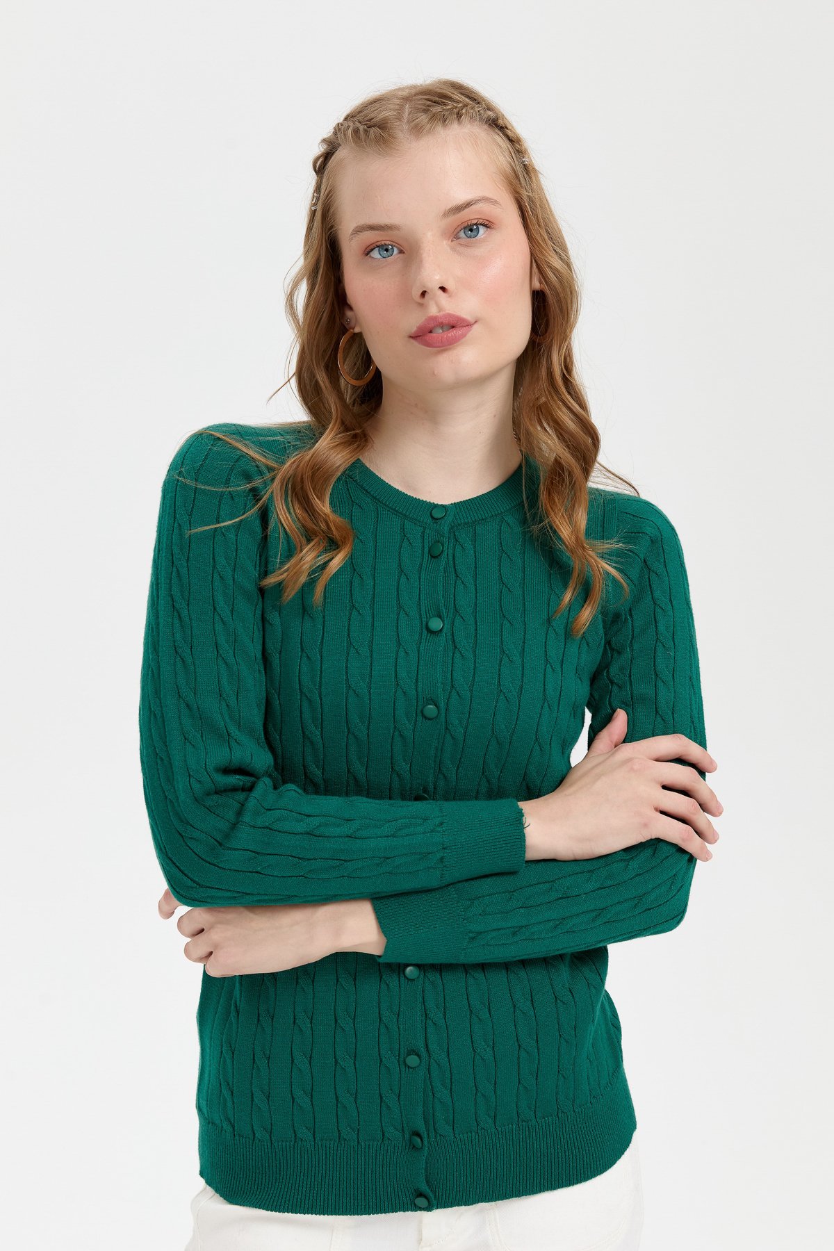 24326Kadın Sıfır Yaka Dikişsiz Saç Örgülü Hırka Ö.Başı