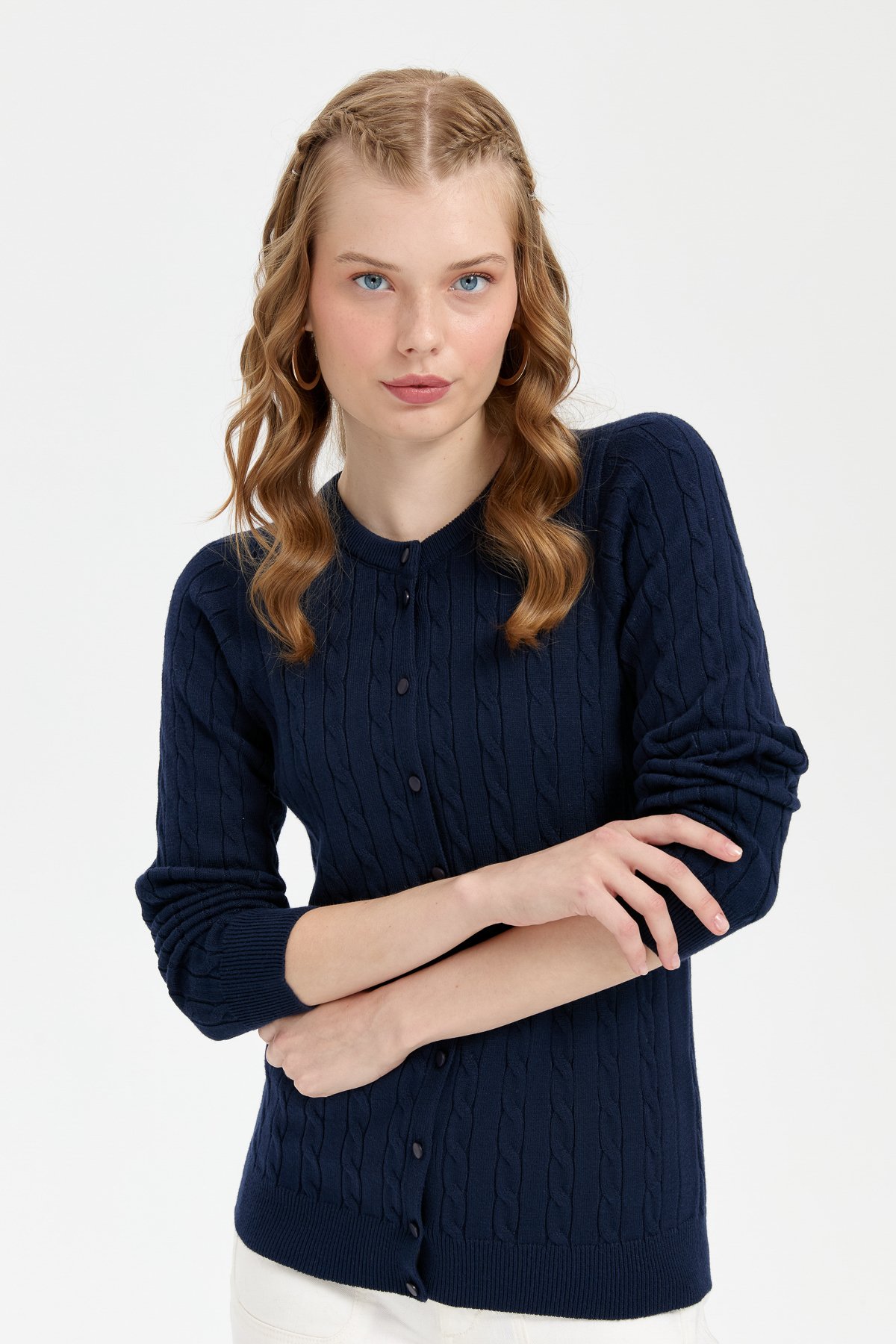 24326Kadın Sıfır Yaka Dikişsiz Saç Örgülü Hırka K.Lacivert