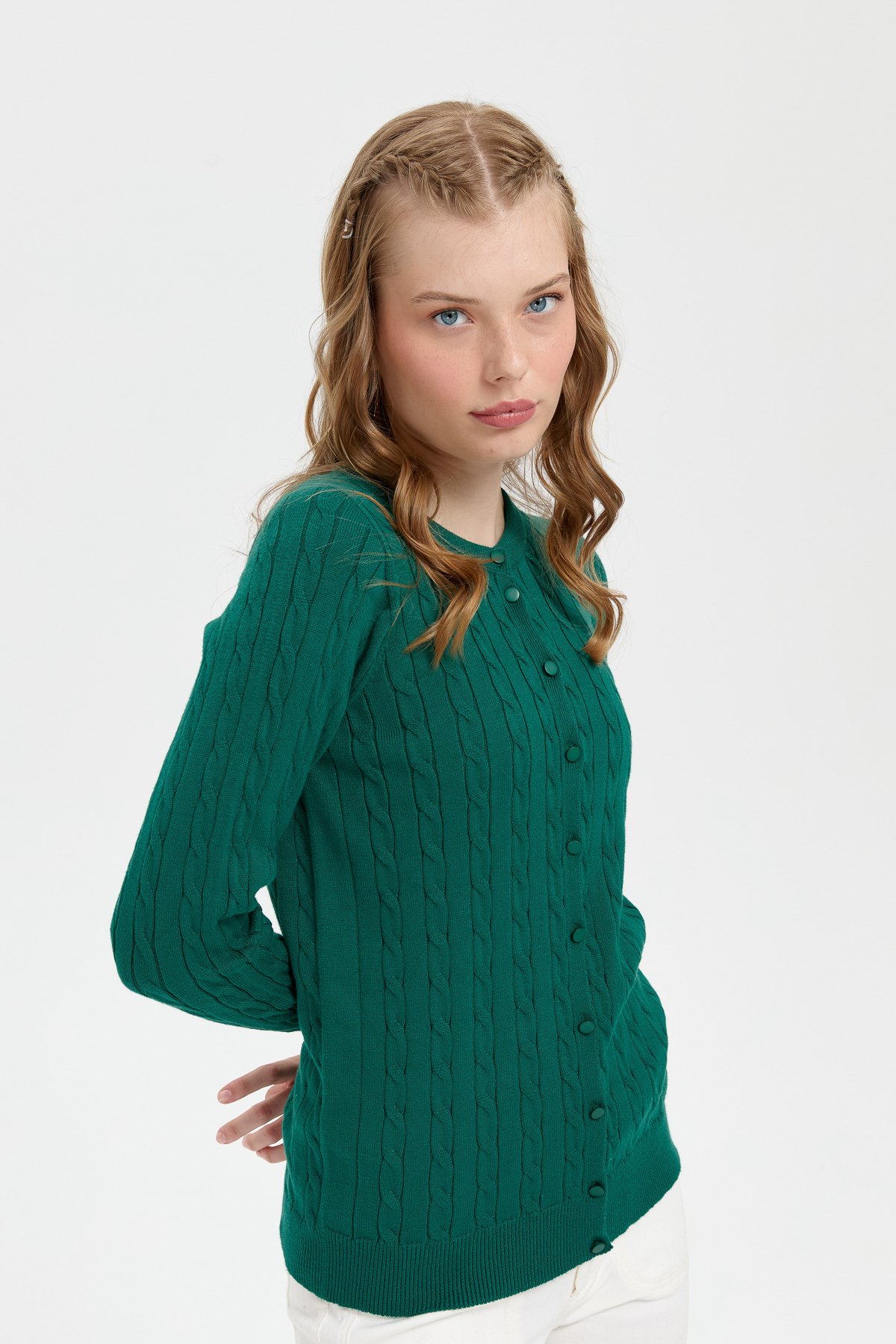 24326Kadın Sıfır Yaka Dikişsiz Saç Örgülü Hırka Ö.Başı