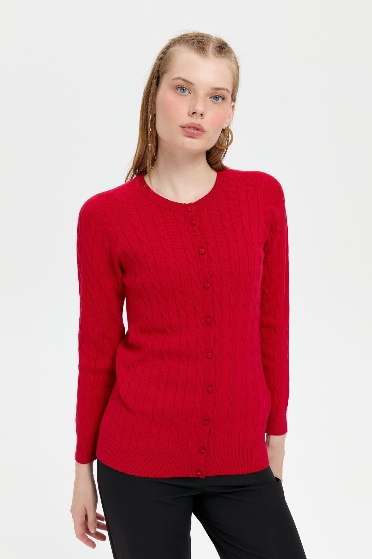 24326Kadın Sıfır Yaka Dikişsiz Saç Örgülü Hırka K.Kırmızı