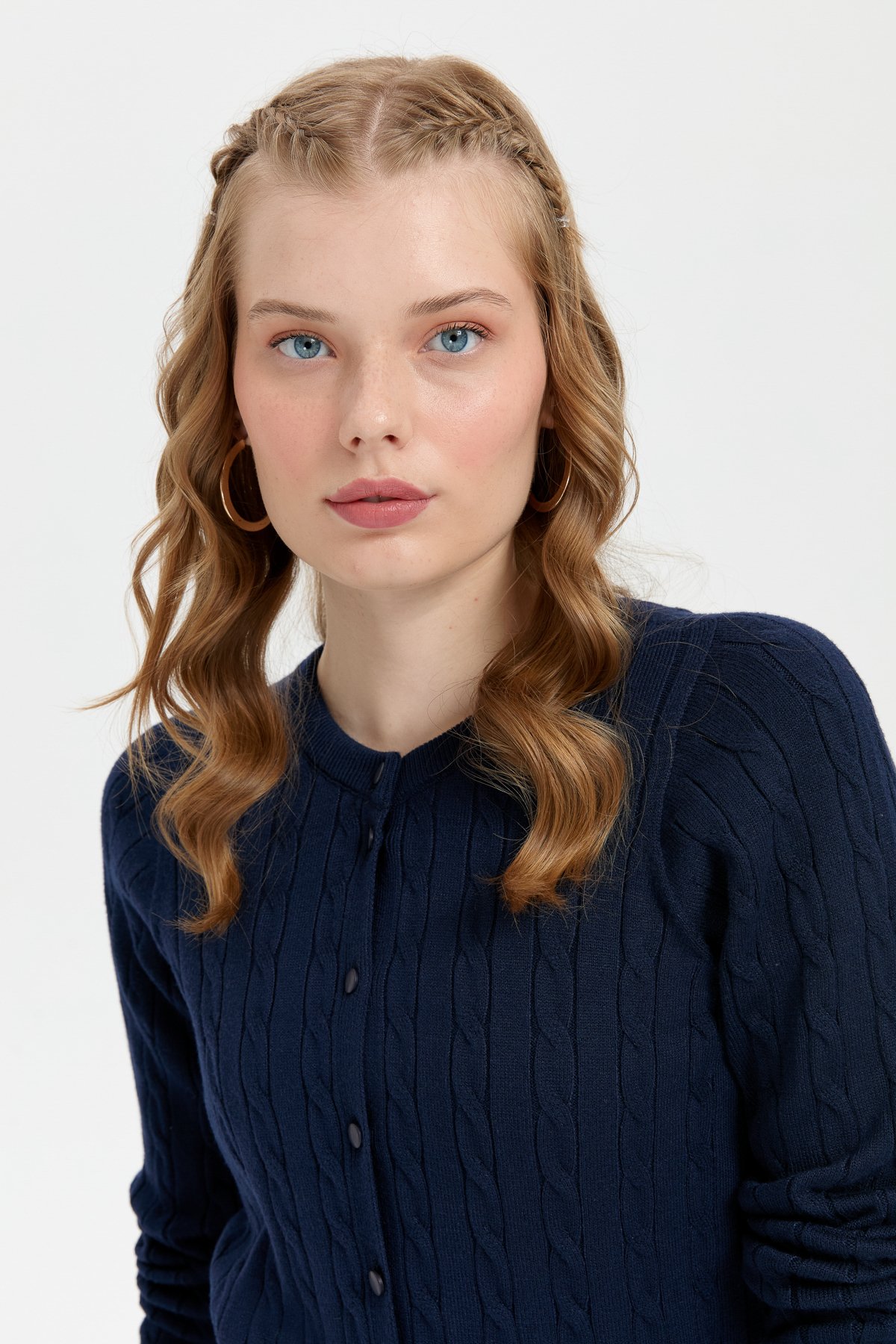 24326Kadın Sıfır Yaka Dikişsiz Saç Örgülü Hırka K.Lacivert