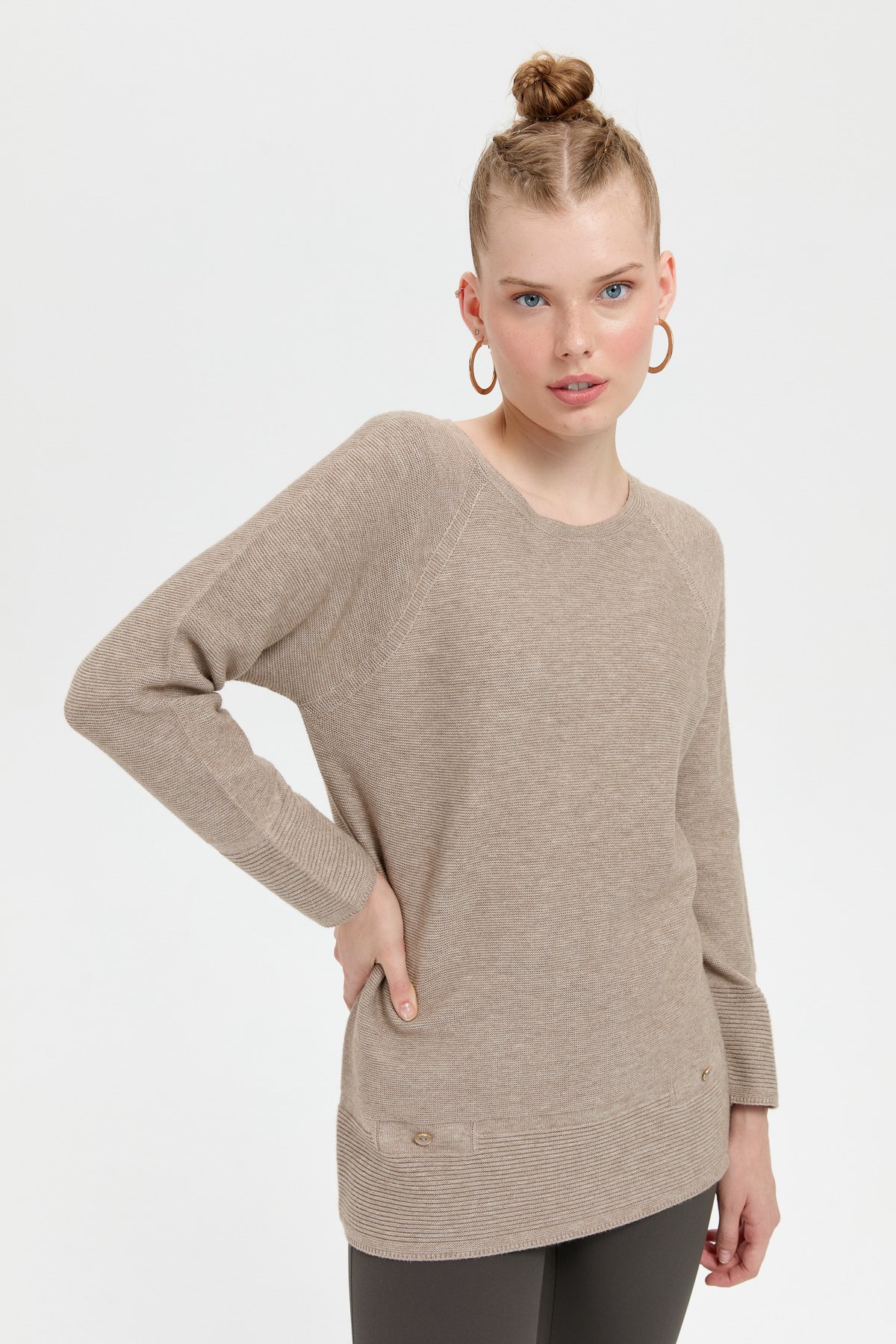 24189Kadın Sıfır Yaka Dikişsiz Sahte Cepli Kazak Vizon