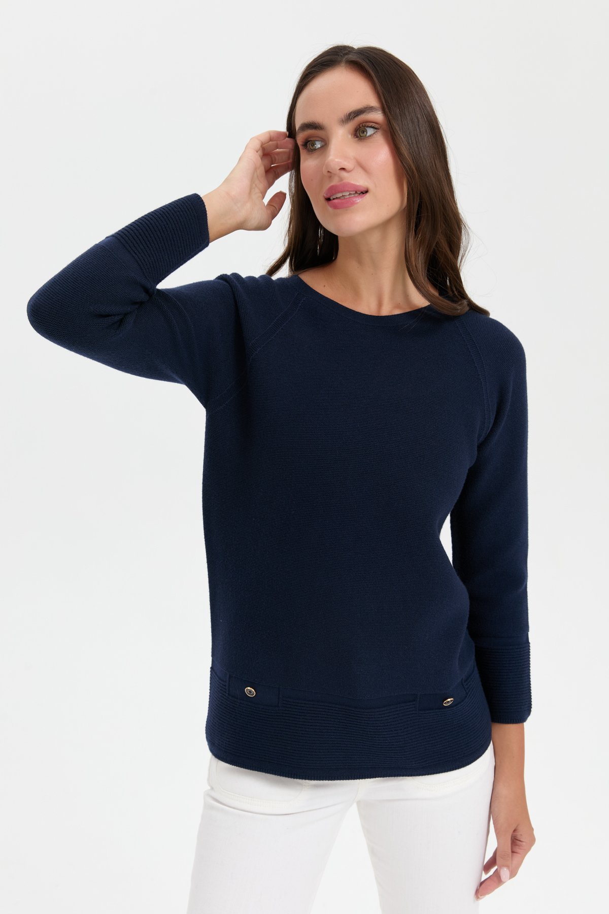 24189Kadın Sıfır Yaka Dikişsiz Sahte Cepli Kazak K.Lacivert