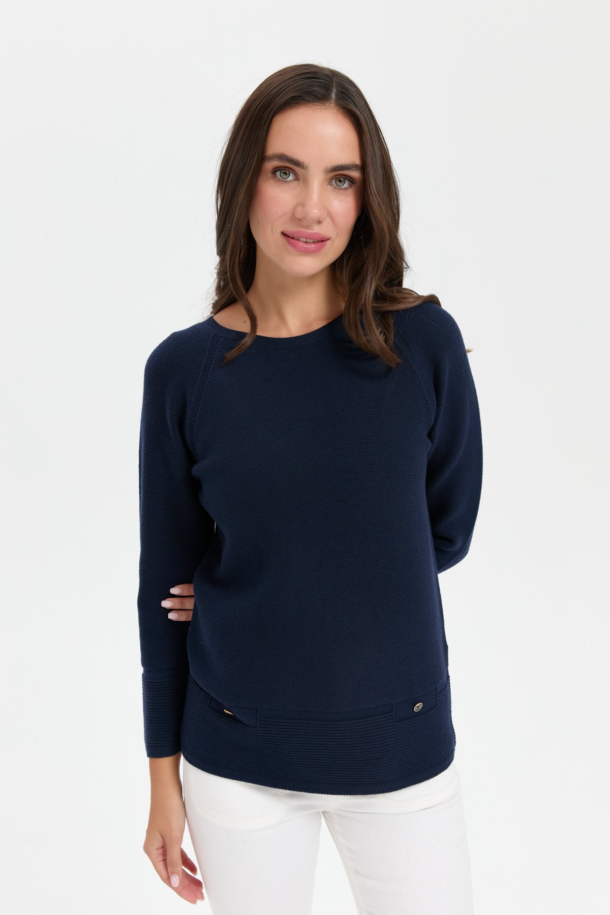 24189Kadın Sıfır Yaka Dikişsiz Sahte Cepli Kazak K.Lacivert