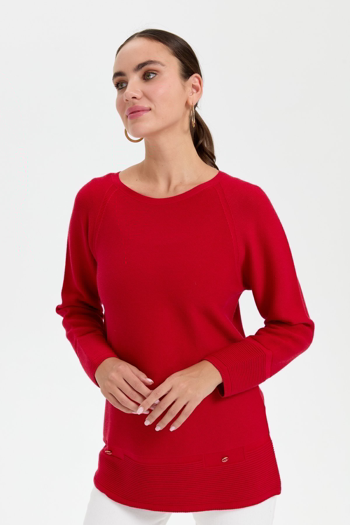 24189Kadın Sıfır Yaka Dikişsiz Sahte Cepli Kazak K.Kırmızı