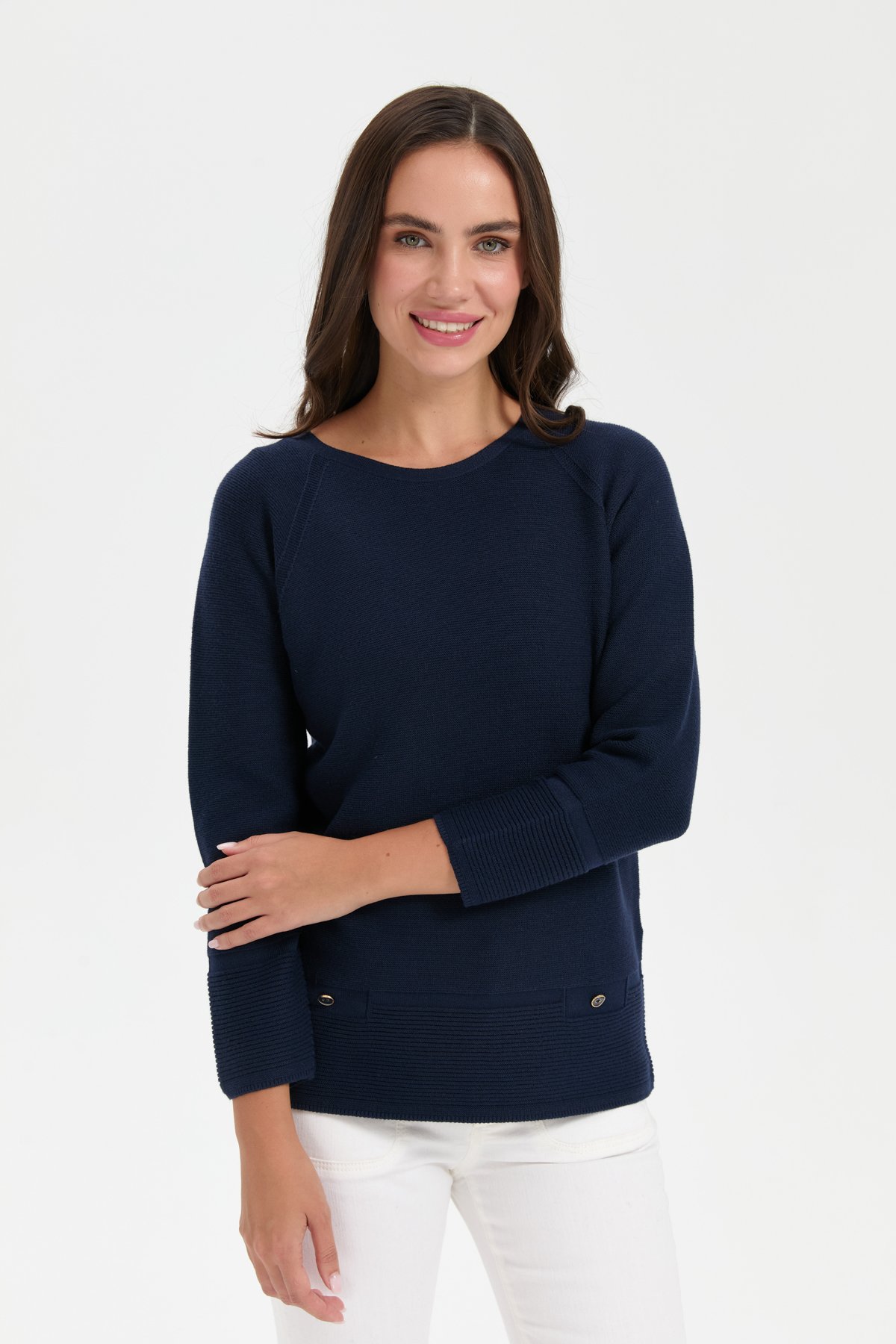 24189Kadın Sıfır Yaka Dikişsiz Sahte Cepli Kazak K.Lacivert