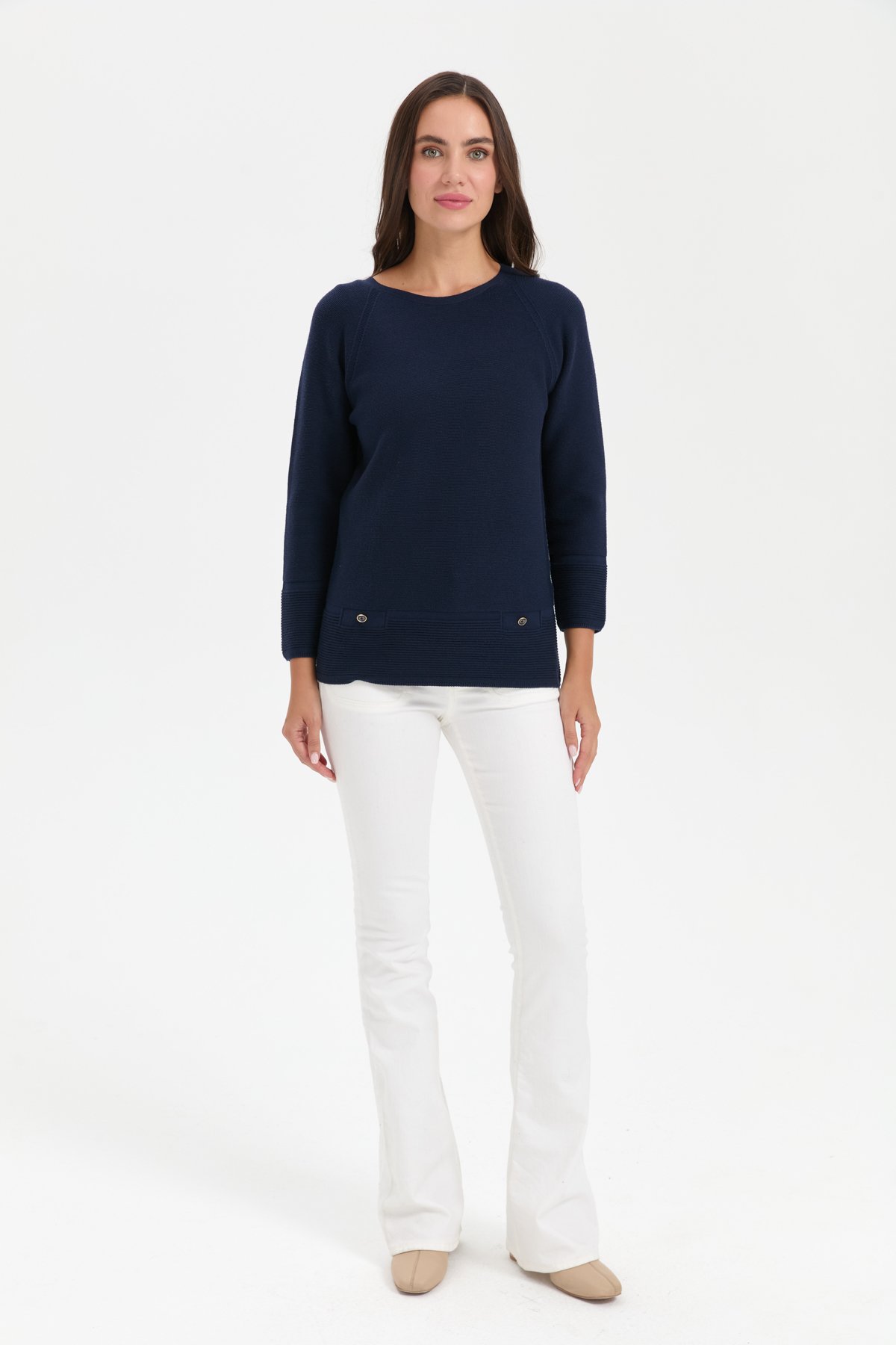 24189Kadın Sıfır Yaka Dikişsiz Sahte Cepli Kazak K.Lacivert