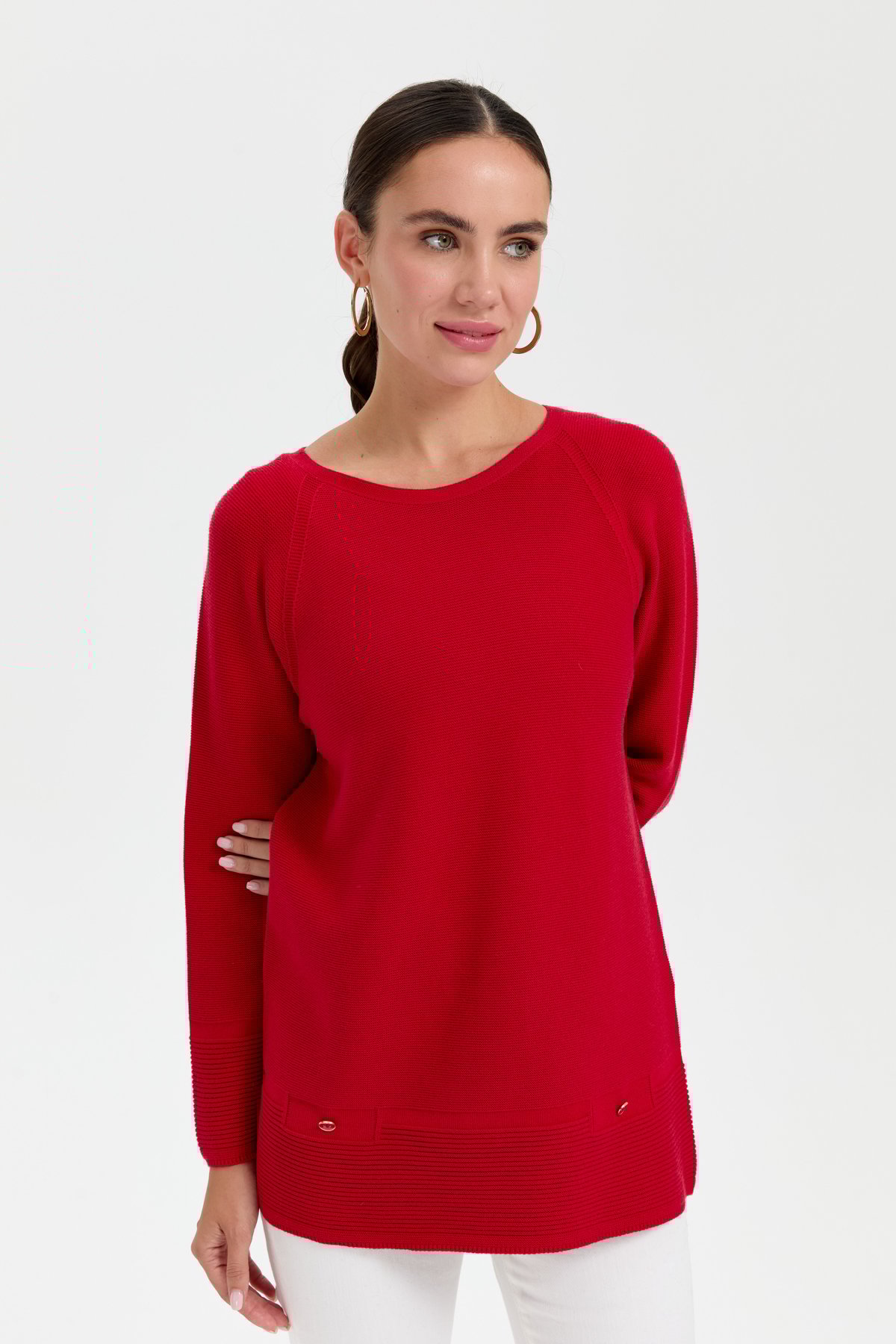 24189Kadın Sıfır Yaka Dikişsiz Sahte Cepli Kazak K.Kırmızı