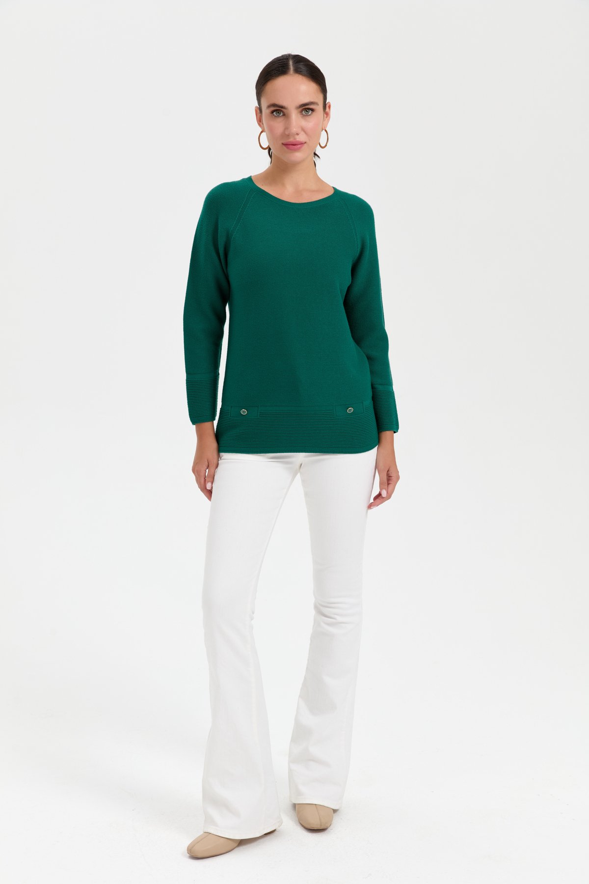 24189Kadın Sıfır Yaka Dikişsiz Sahte Cepli Kazak Ö.Başı