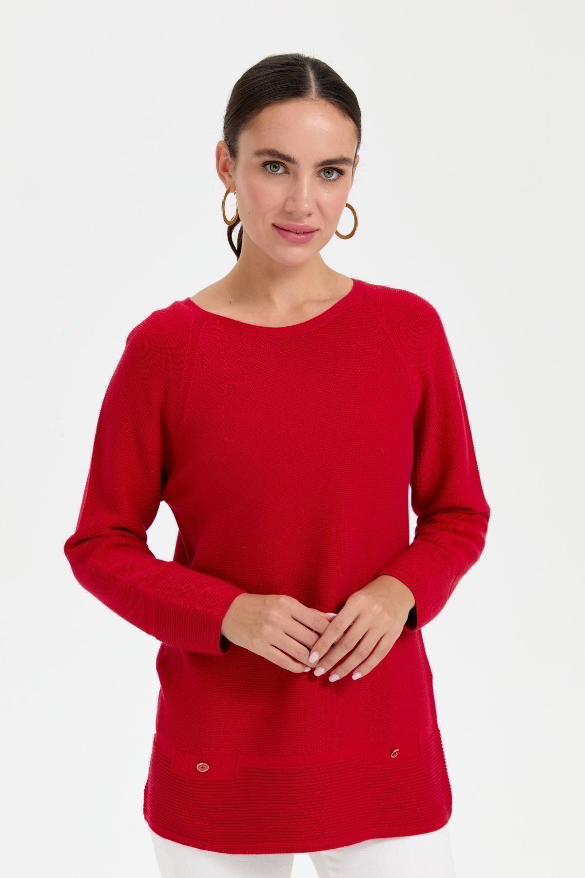 24189Kadın Sıfır Yaka Dikişsiz Sahte Cepli Kazak K.Kırmızı