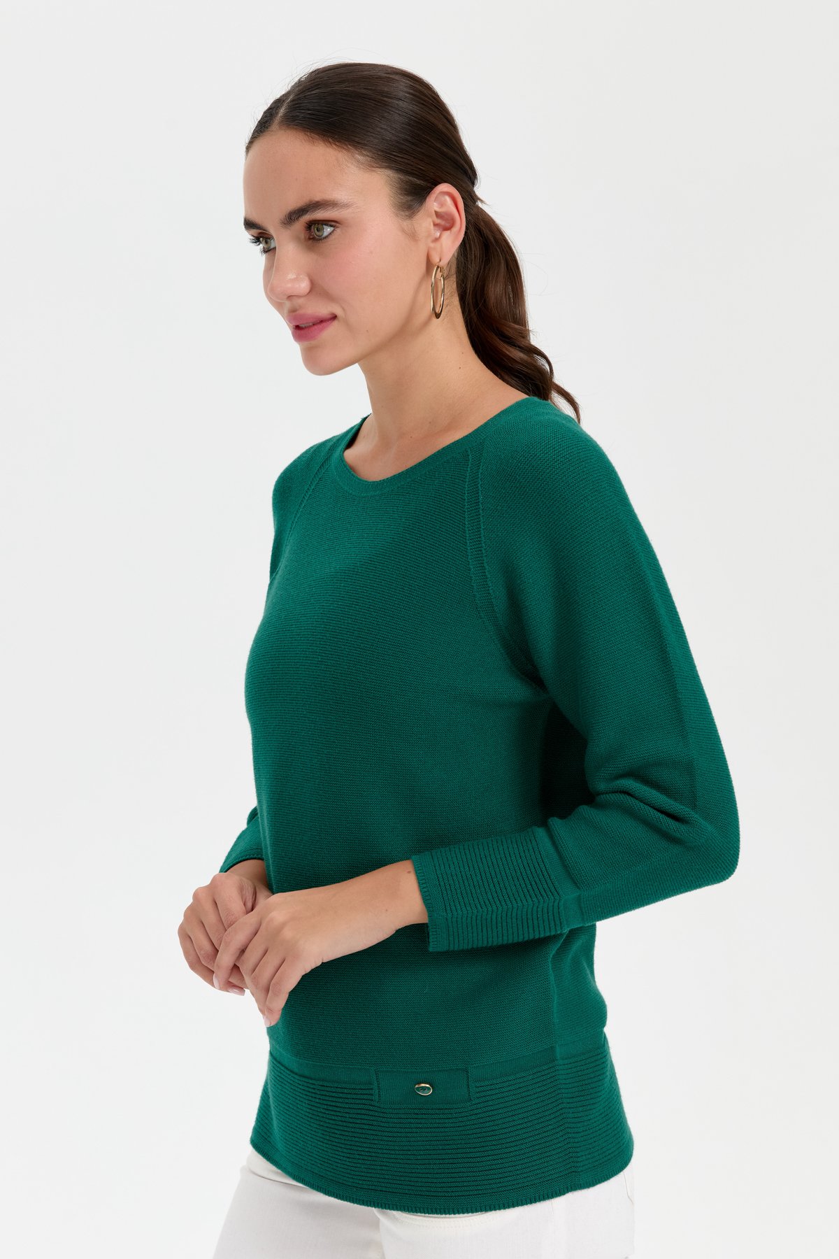 24189Kadın Sıfır Yaka Dikişsiz Sahte Cepli Kazak Ö.Başı