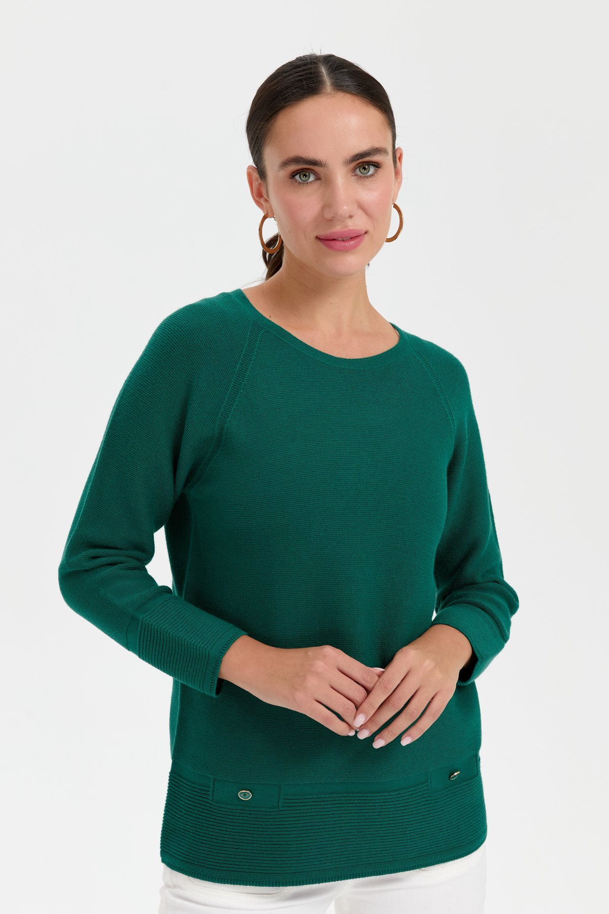 24189Kadın Sıfır Yaka Dikişsiz Sahte Cepli Kazak Ö.Başı