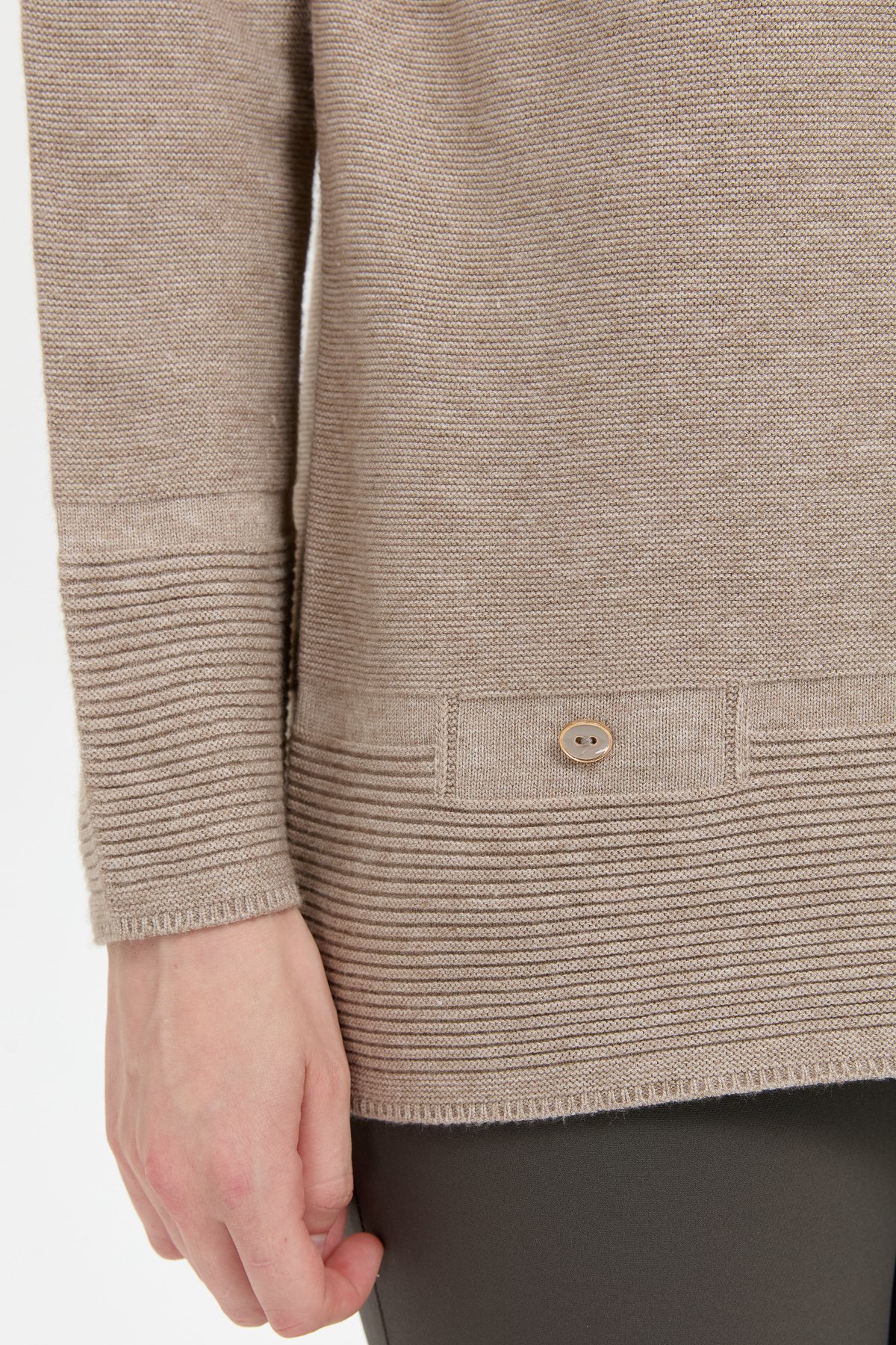 24189Kadın Sıfır Yaka Dikişsiz Sahte Cepli Kazak Vizon