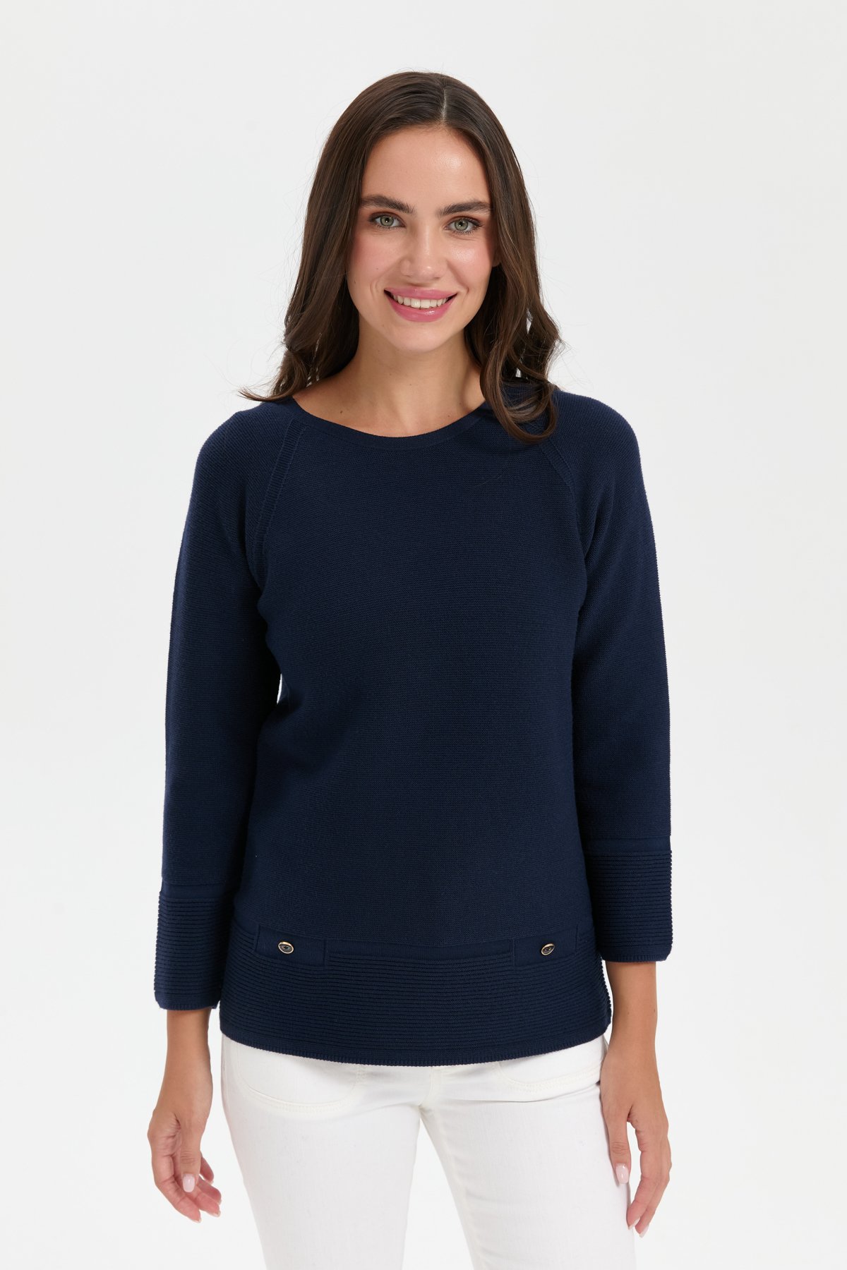 24189Kadın Sıfır Yaka Dikişsiz Sahte Cepli Kazak K.Lacivert