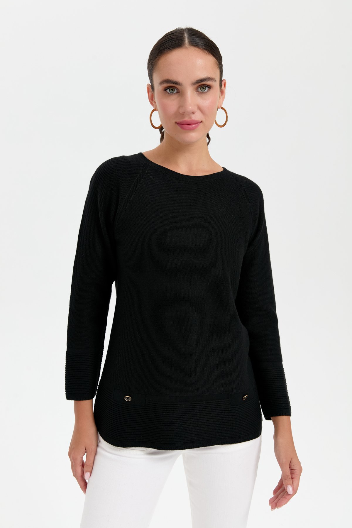 24189Kadın Sıfır Yaka Dikişsiz Sahte Cepli Kazak Siyah