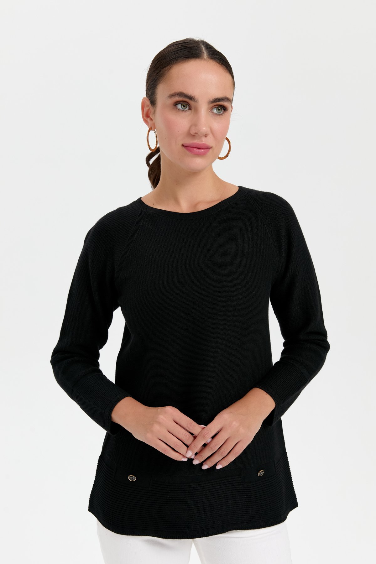 24189Kadın Sıfır Yaka Dikişsiz Sahte Cepli Kazak Siyah