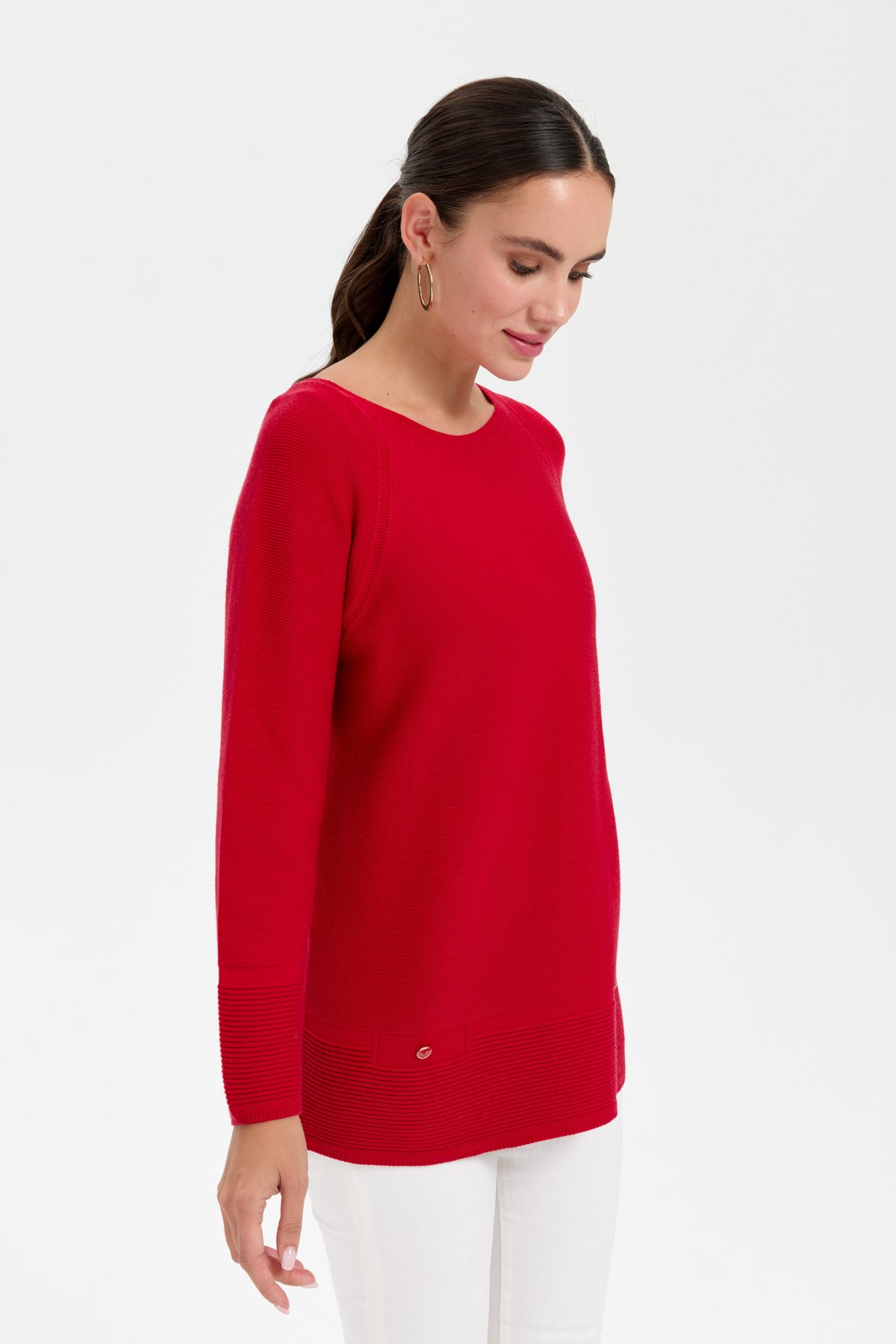 24189Kadın Sıfır Yaka Dikişsiz Sahte Cepli Kazak K.Kırmızı