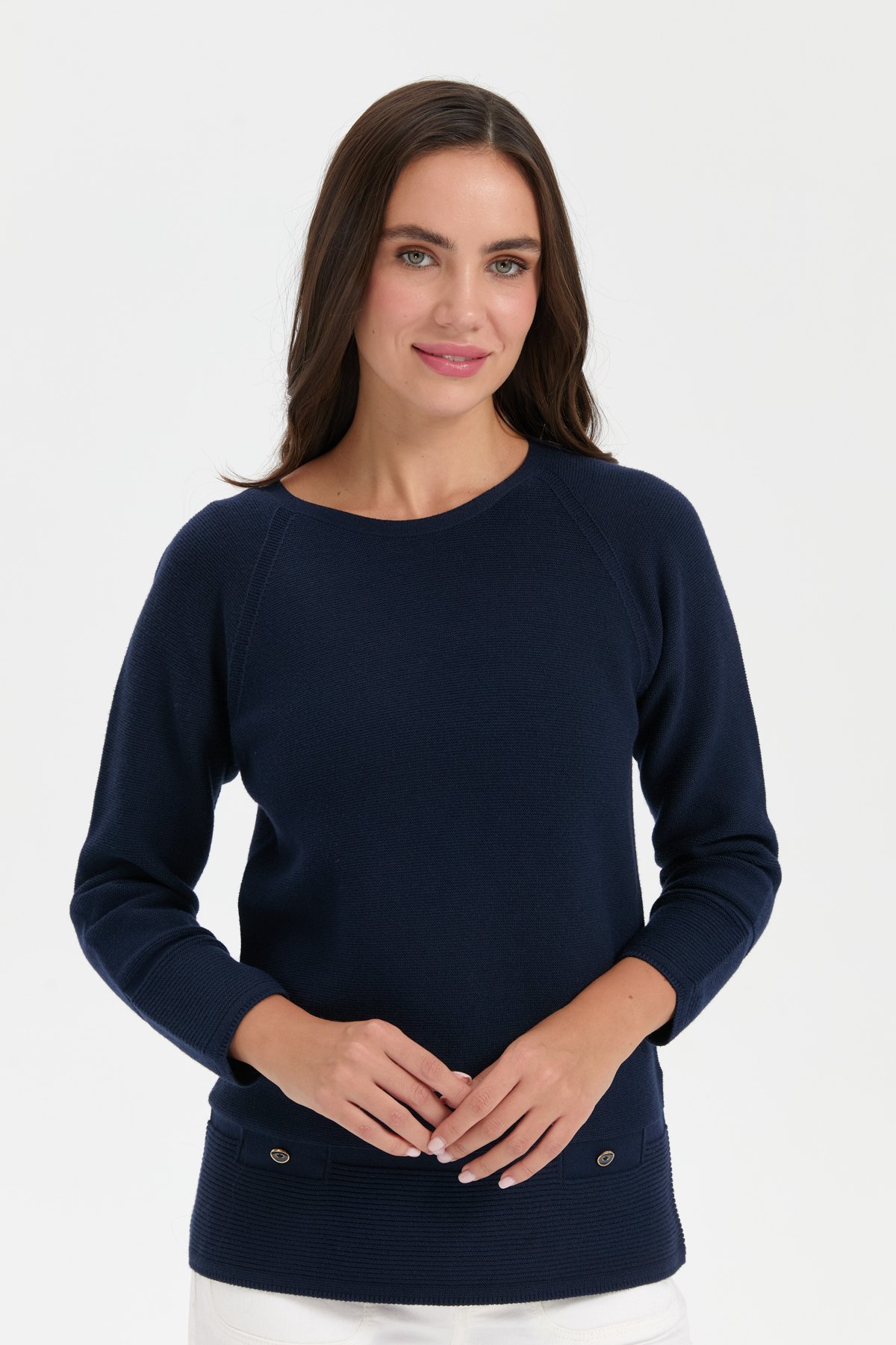 24189Kadın Sıfır Yaka Dikişsiz Sahte Cepli Kazak K.Lacivert