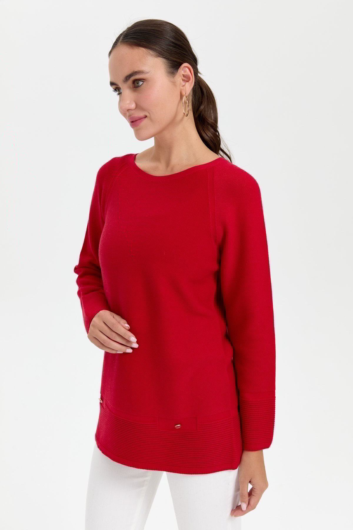 24189Kadın Sıfır Yaka Dikişsiz Sahte Cepli Kazak K.Kırmızı