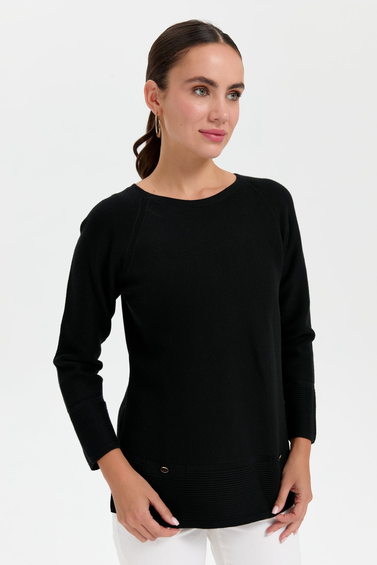 24189Kadın Sıfır Yaka Dikişsiz Sahte Cepli Kazak Siyah