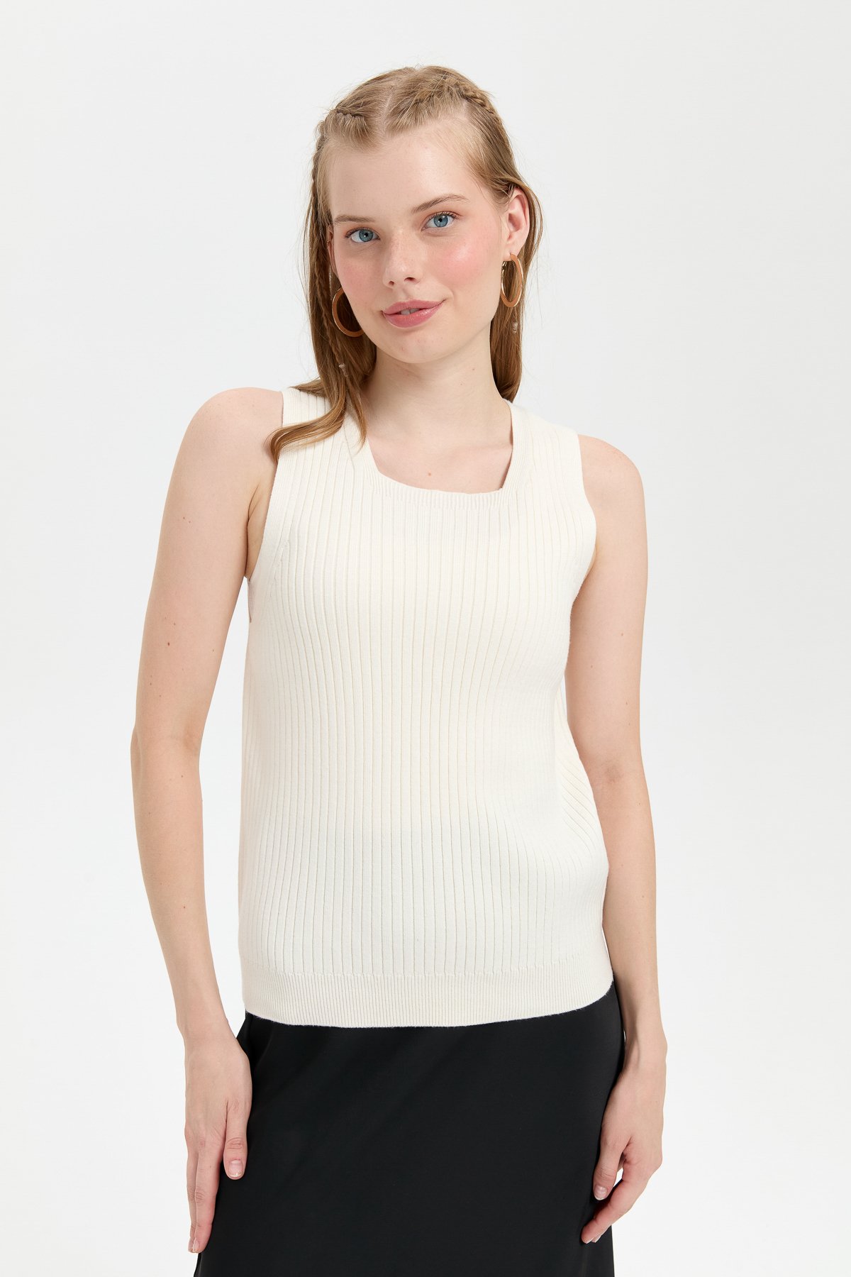 24178Kadın Sıfır Yaka Dikişsiz Süveter Kemik