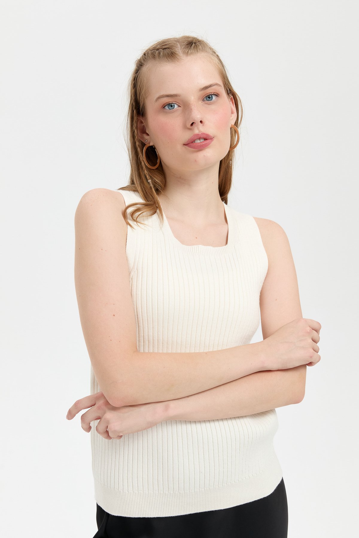 24178Kadın Sıfır Yaka Dikişsiz Süveter Kemik