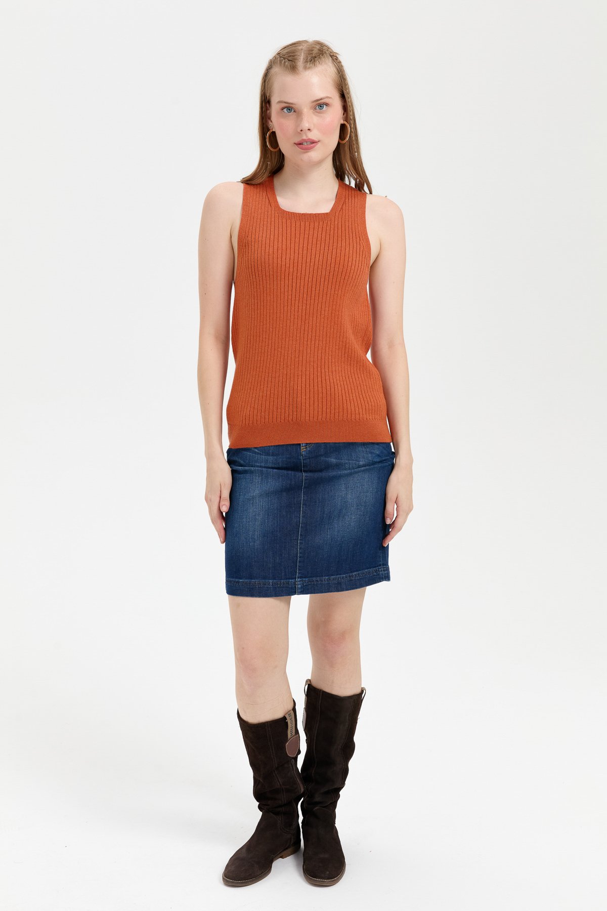 24178Kadın Sıfır Yaka Dikişsiz Süveter Turuncu