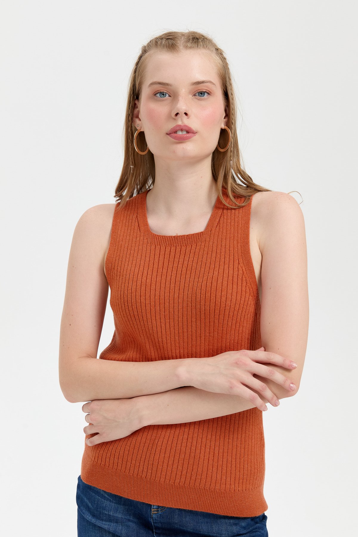 24178Kadın Sıfır Yaka Dikişsiz Süveter Turuncu