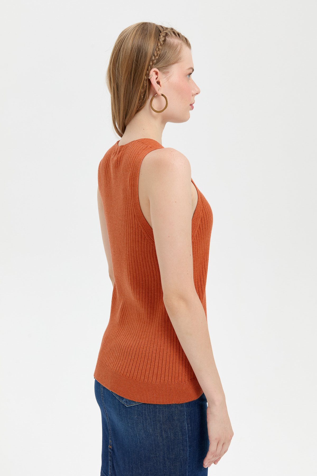 24178Kadın Sıfır Yaka Dikişsiz Süveter Turuncu
