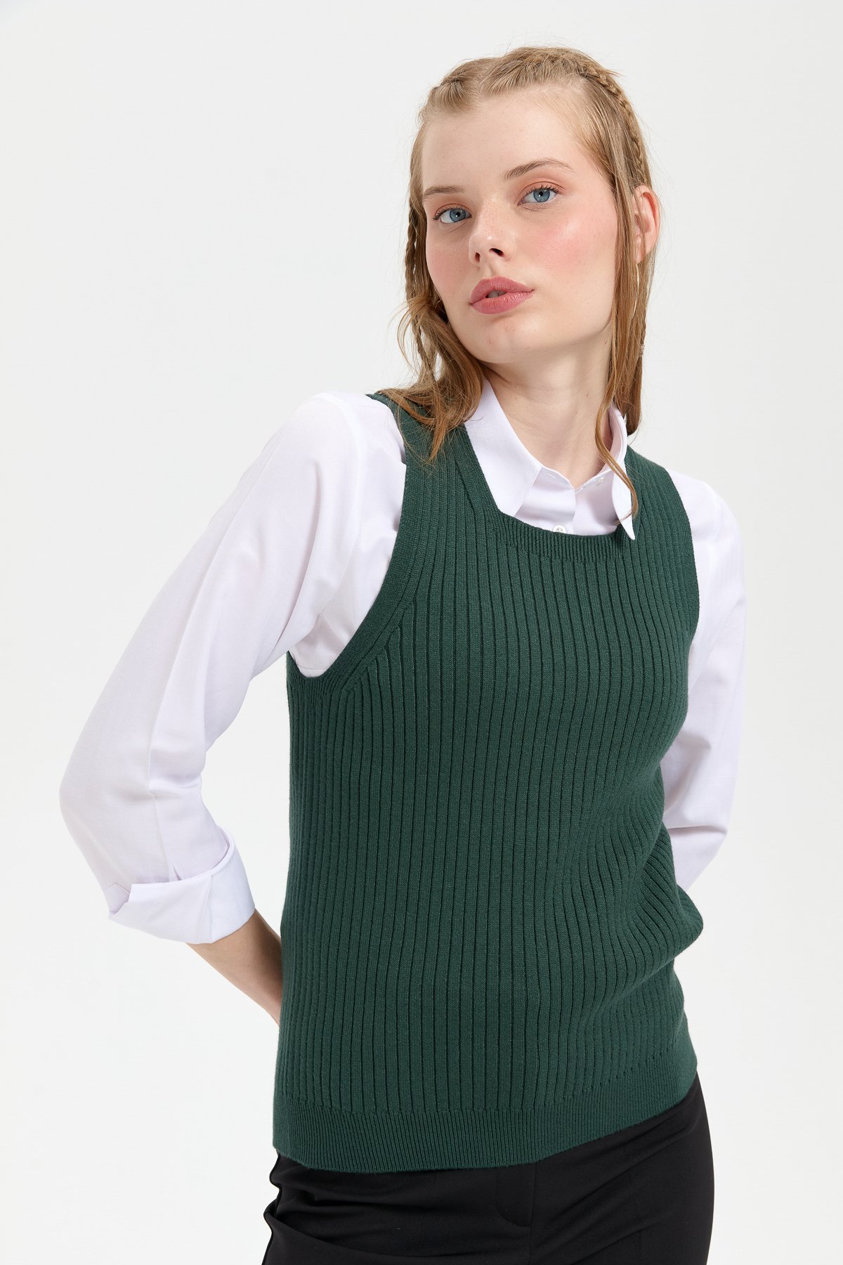 24178Kadın Sıfır Yaka Dikişsiz Süveter Yeşil
