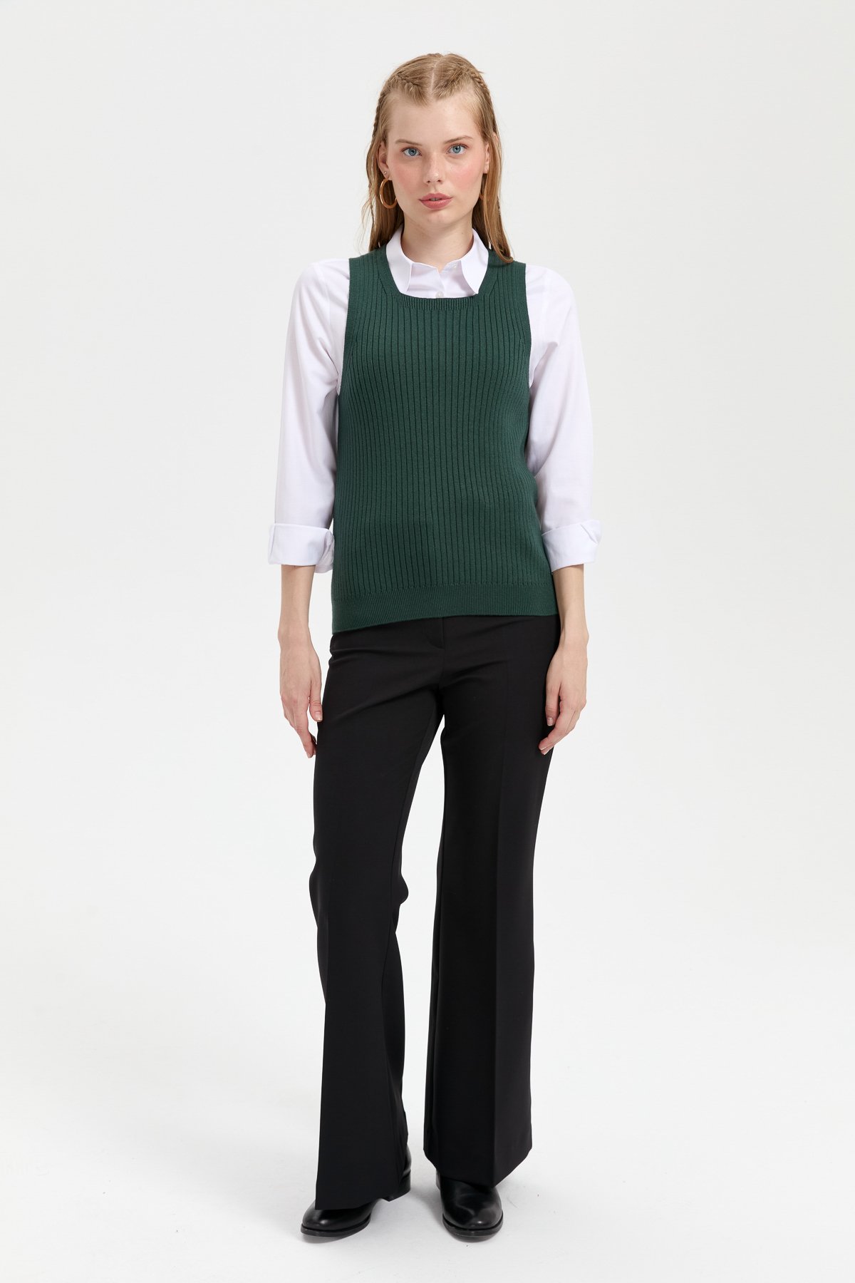 24178Kadın Sıfır Yaka Dikişsiz Süveter Yeşil