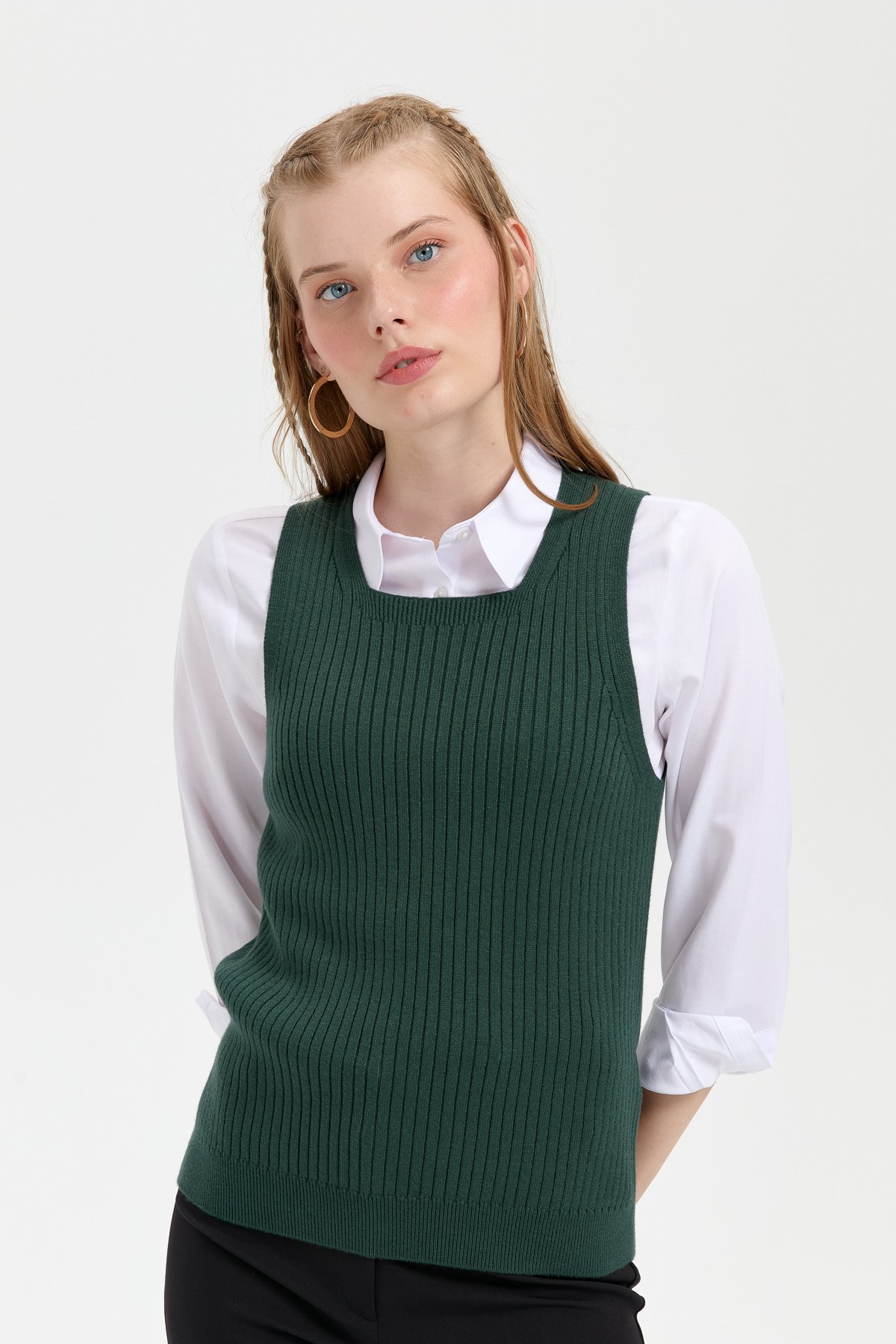 24178Kadın Sıfır Yaka Dikişsiz Süveter Yeşil