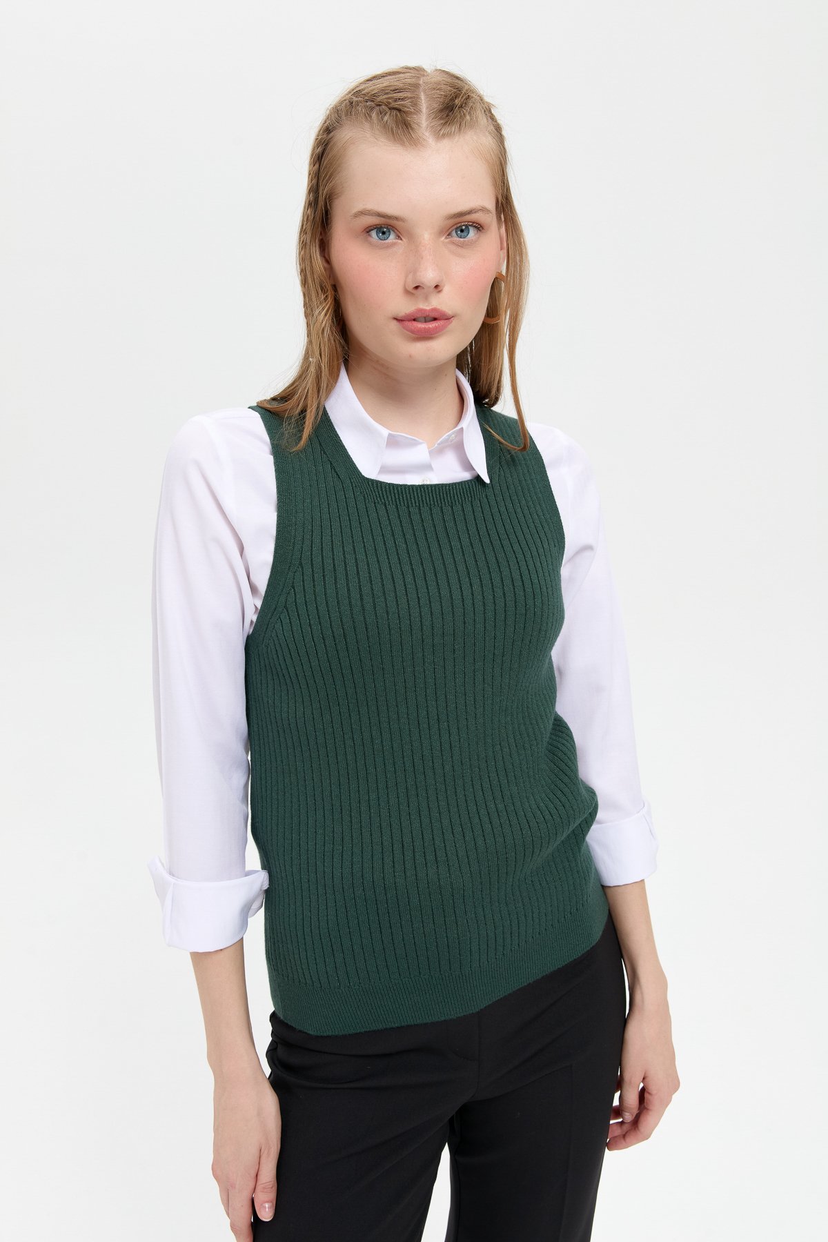 24178Kadın Sıfır Yaka Dikişsiz Süveter Yeşil