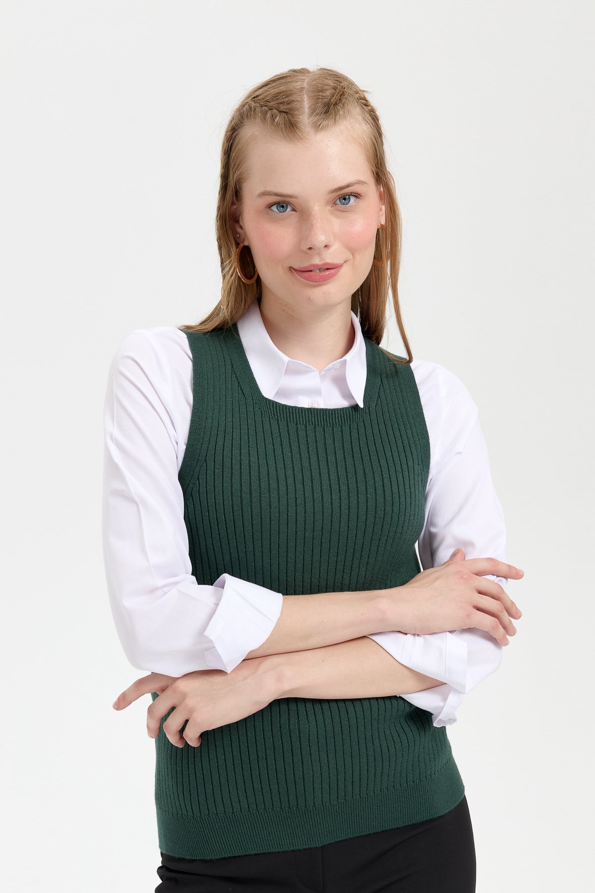 24178Kadın Sıfır Yaka Dikişsiz Süveter Yeşil